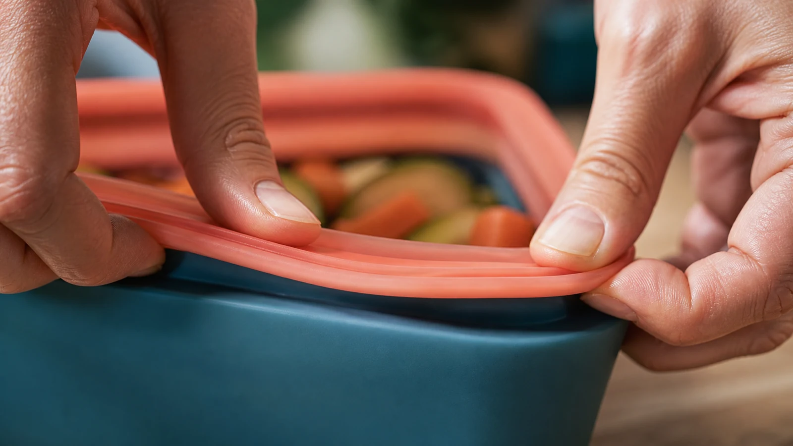 A logo-free macro view of a reusable container lid forming a tight seal.