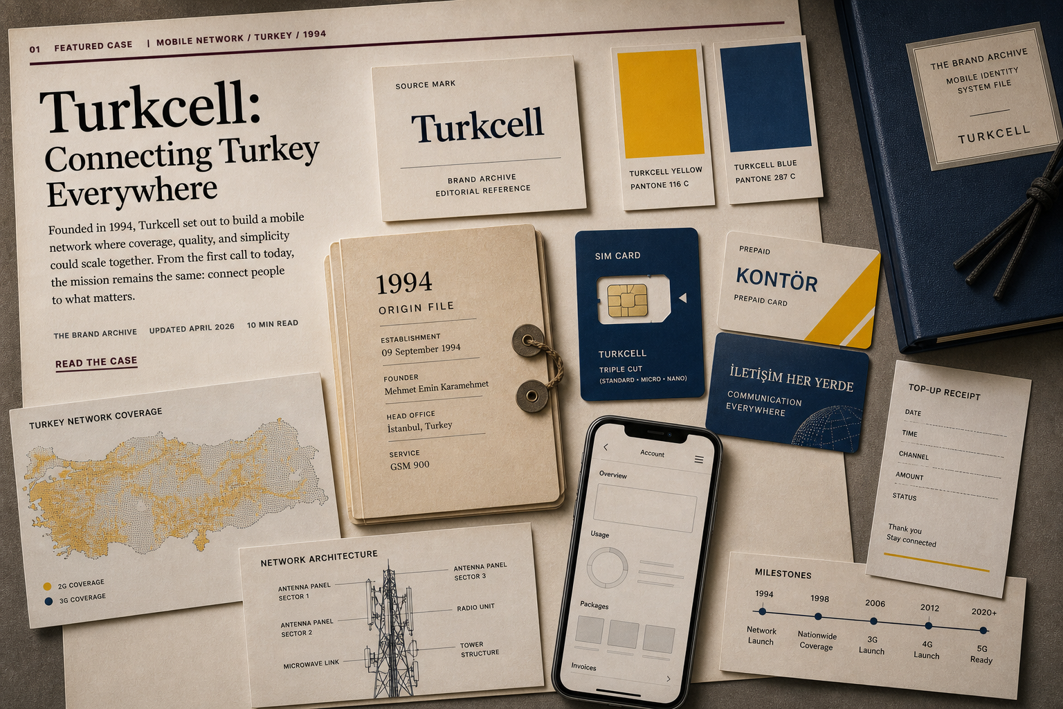 Premium editorial archive still-life of a Turkcell yellow mobile network case with source-mark card, yellow and blue signal swatches, Turkey coverage map, SIM tray, prepaid card mockups, network tower diagram, mobile account wireframe, and 1994 origin file