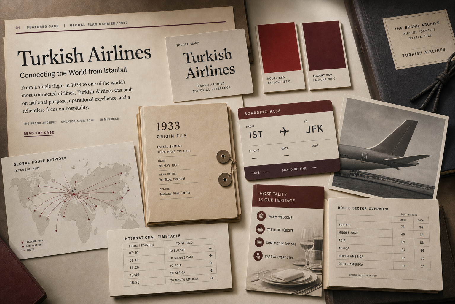 Premium editorial archive still-life of a Turkish Airlines Istanbul global route case with source-mark card, red route swatches, Istanbul hub map, blank boarding pass, aircraft tail silhouette, timetable cards, hospitality service card, and 1933 origin file