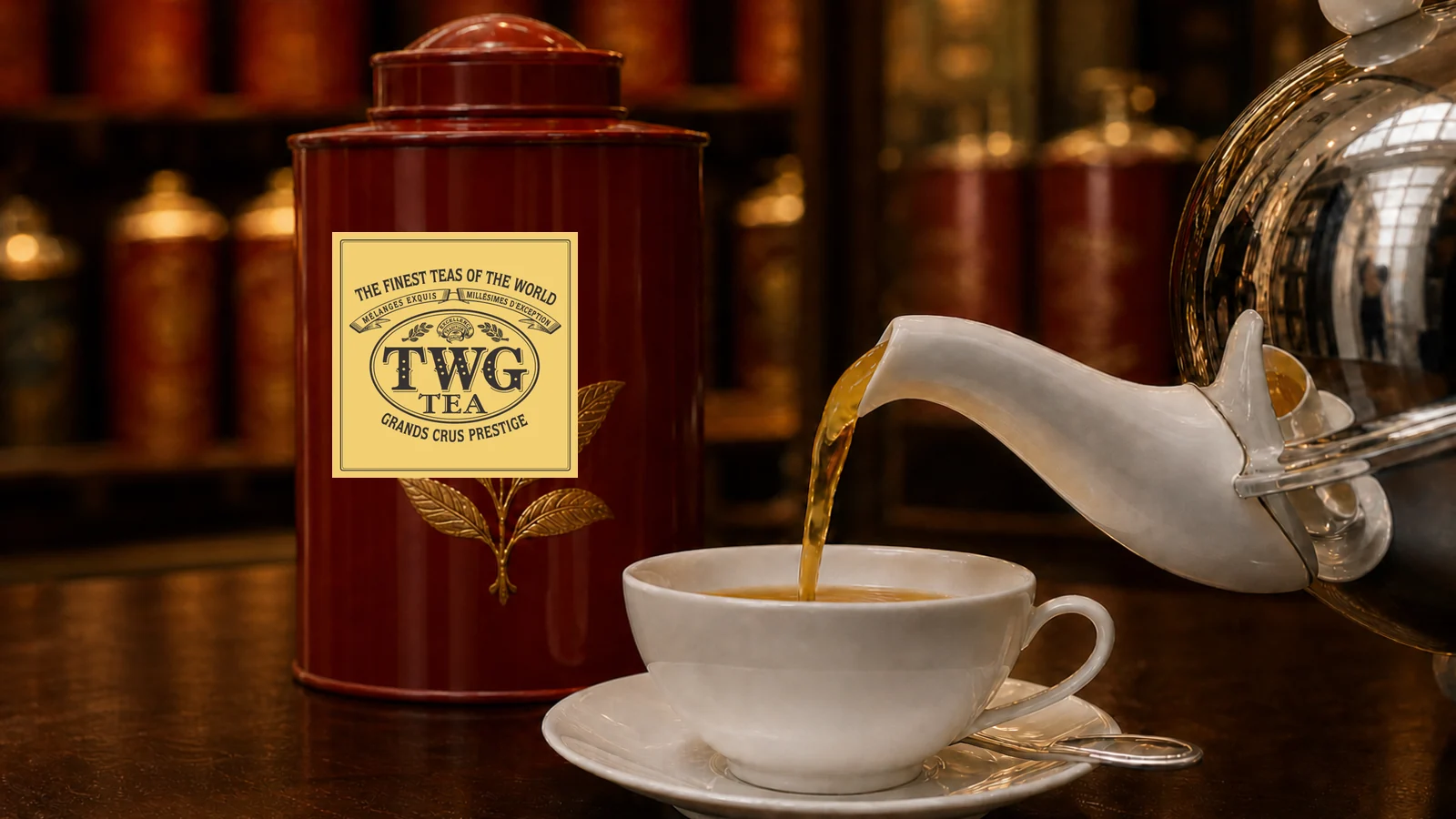 TWG Tea tin and source-backed gold mark beside a polished teapot pouring amber tea into a white cup.