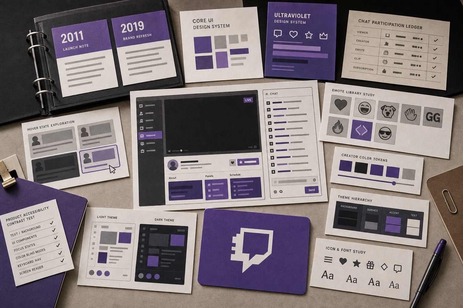 Premium editorial archive still-life of a Twitch purple live-streaming system case with a blank stream dashboard, purple source-mark card, chat cards, emote tiles, creator tokens, theme hierarchy cards, and accessibility test sheet