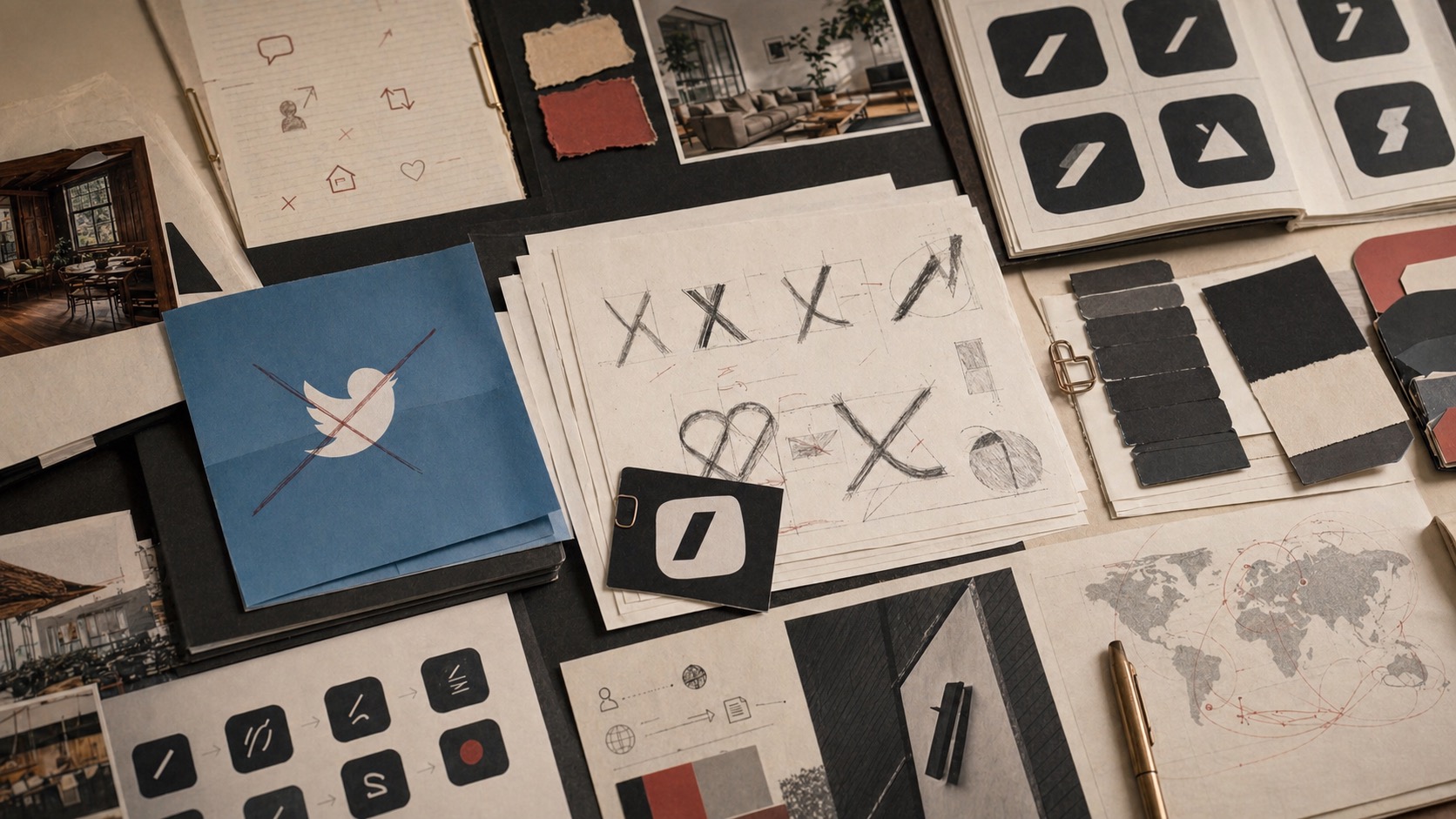 Generated archive desk showing a crossed-out blue bird-like identity card beside black abstract rebrand proofs