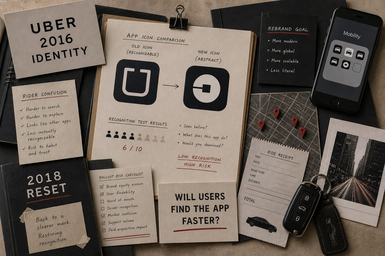 Premium editorial archive still-life of an Uber 2016 app icon recognition case with Uber source-mark card, generic phone icon cards, ride receipt dummy, city map pins, old-to-new app icon board, recognition test, rider confusion notes, and 2018 reset folder