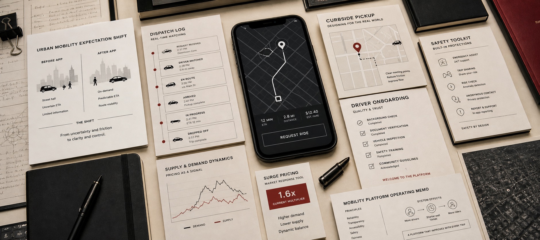 Premium editorial archive still-life of an Uber case with generic smartphone map mockups, pickup diagrams, surge pricing notes, curbside markers, driver onboarding sheets, and mobility platform safety documents
