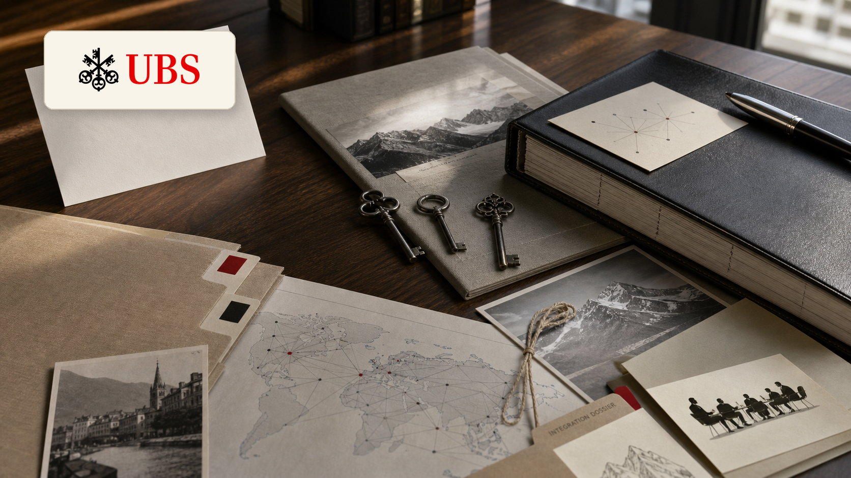 Premium editorial archive still-life of a UBS global wealth trust case with UBS source-mark card, three antique keys, private banking folders, portfolio ledger, risk committee card, Zurich and Basel origin tabs, global office map, integration dossier, advisory meeting card, and fountain pen