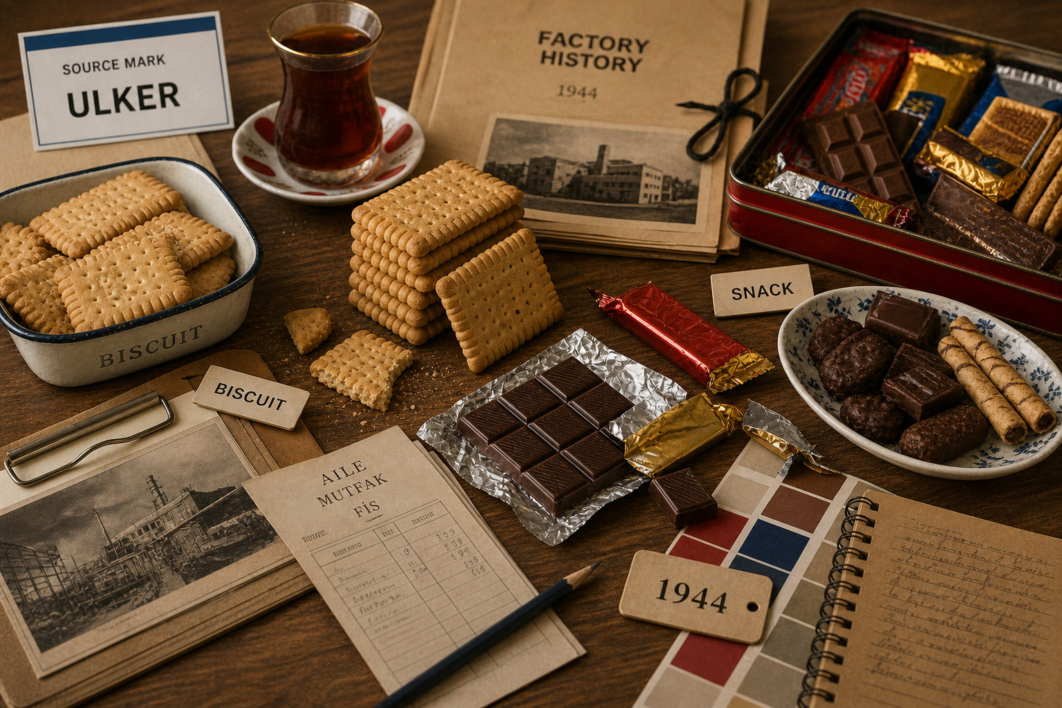 Premium editorial archive still-life of an Ülker biscuit snack memory case with red blue and yellow shelf swatches, biscuit stack, chocolate wrapper blocks, pantry receipt, factory file, family snack tray, Yildiz Holding note, and 1944 origin card