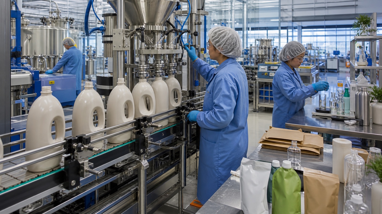 A home-care production line testing refillable packaging and concentrated formulas.