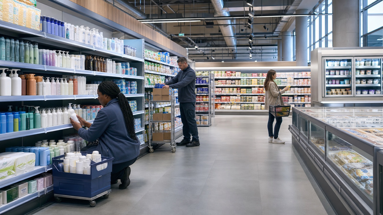 A supermarket team replenishing food, home-care, and personal-care categories across one retail system.