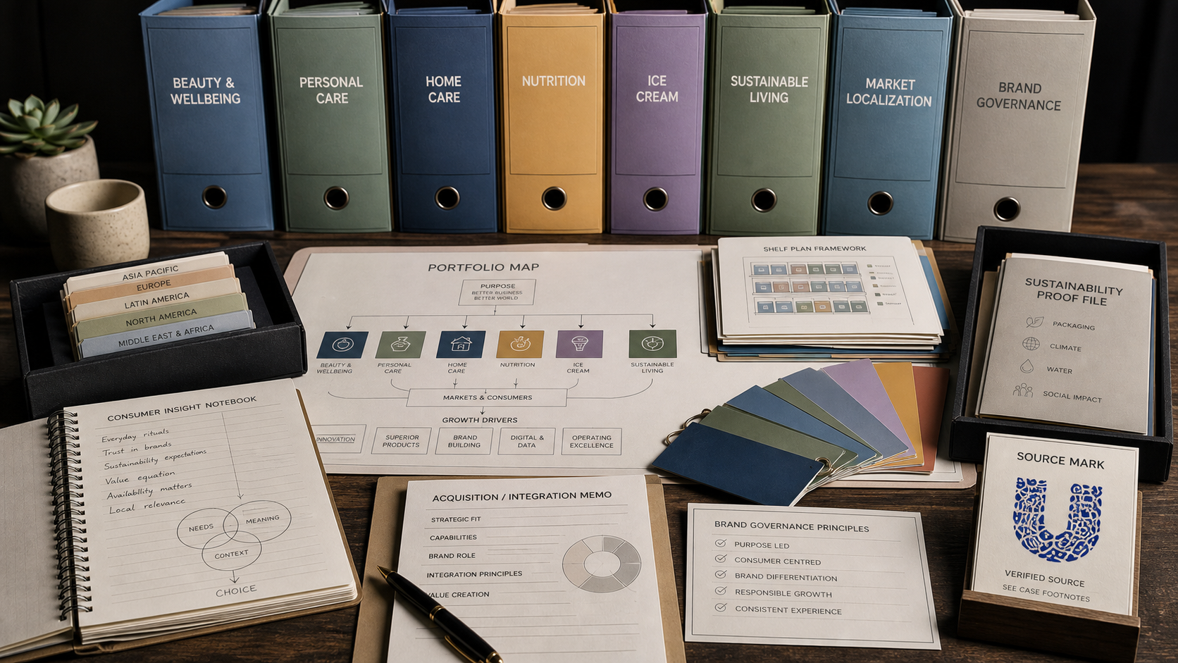 Premium editorial archive still-life for the Unilever case with beauty and wellbeing, personal care, home care, nutrition, ice cream, sustainable living, localization, and brand governance folders