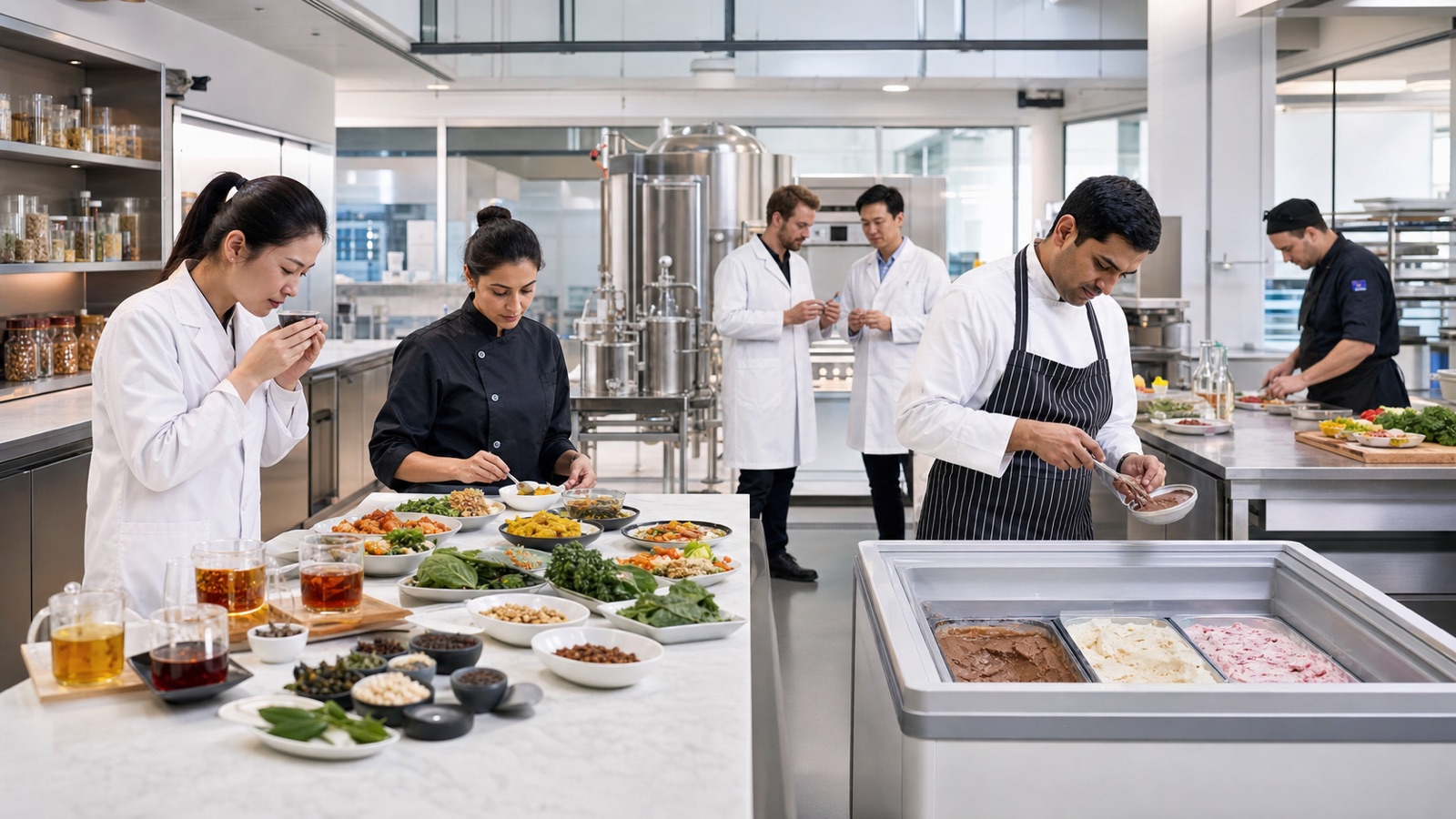 Food innovation kitchen testing tea, nutrition, and frozen-dessert product forms.