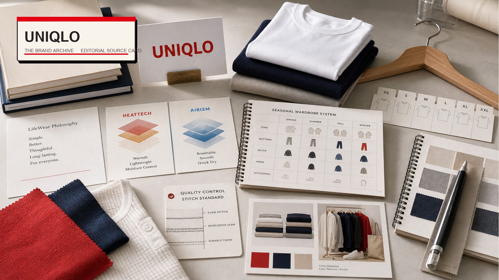 Premium editorial archive still-life of a UNIQLO LifeWear everyday clothing case with UNIQLO source-mark card, folded blank basics, thermal layer, fabric swatches, HEATTECH and AIRism cards, hanger, size tabs, seasonal wardrobe grid, and stitch notes