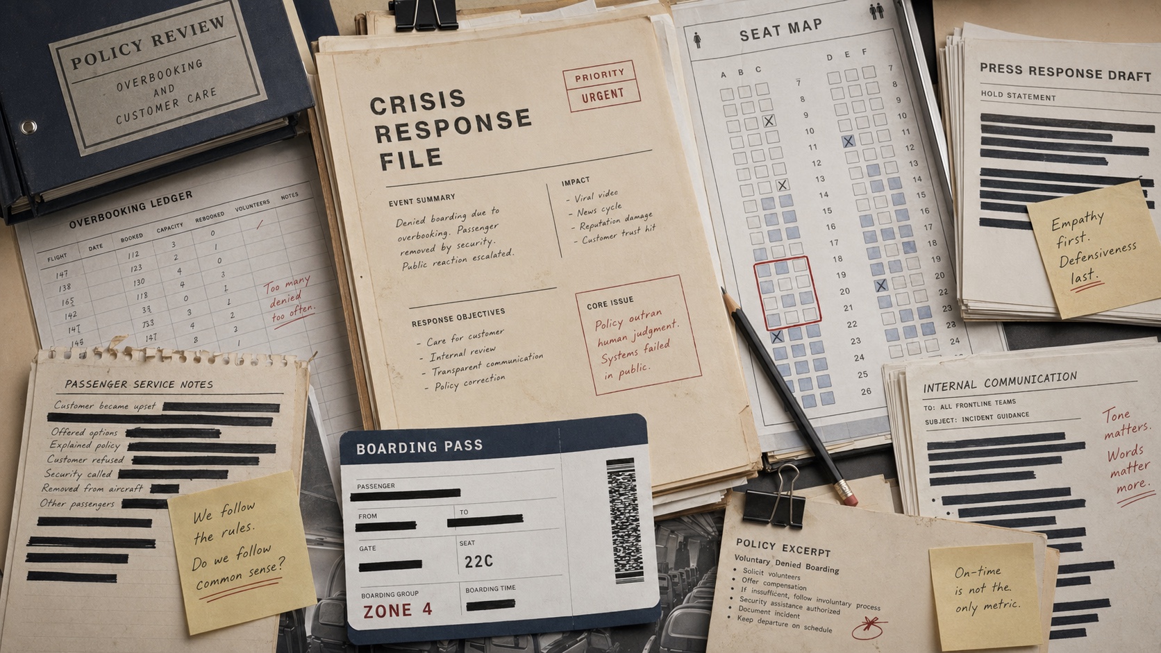 Premium editorial archive still-life of a generic boarding pass, seat map, policy binder, and crisis response memo