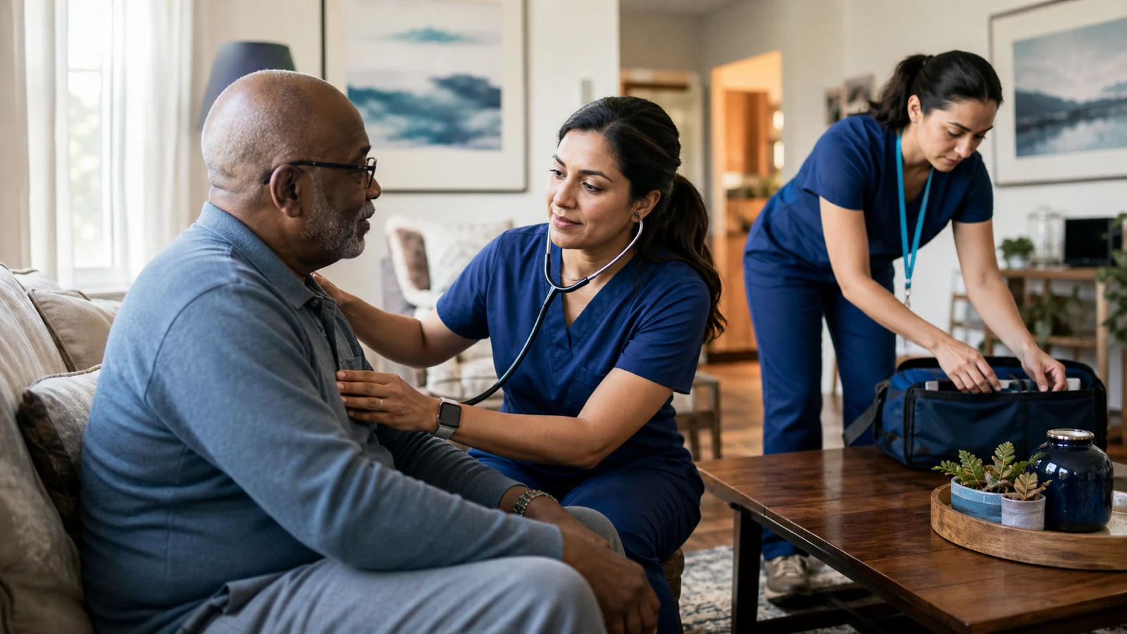 A home-visit clinician helping an older adult in a bright home.