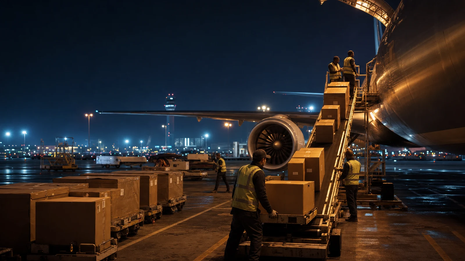 Night cargo-air operation loading plain parcel containers and packages into an aircraft.