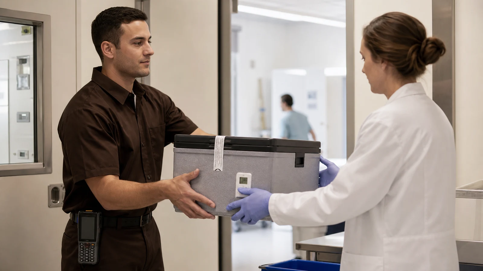 Healthcare cold-chain courier handing a sealed temperature-controlled medical container to a clinical specialist.
