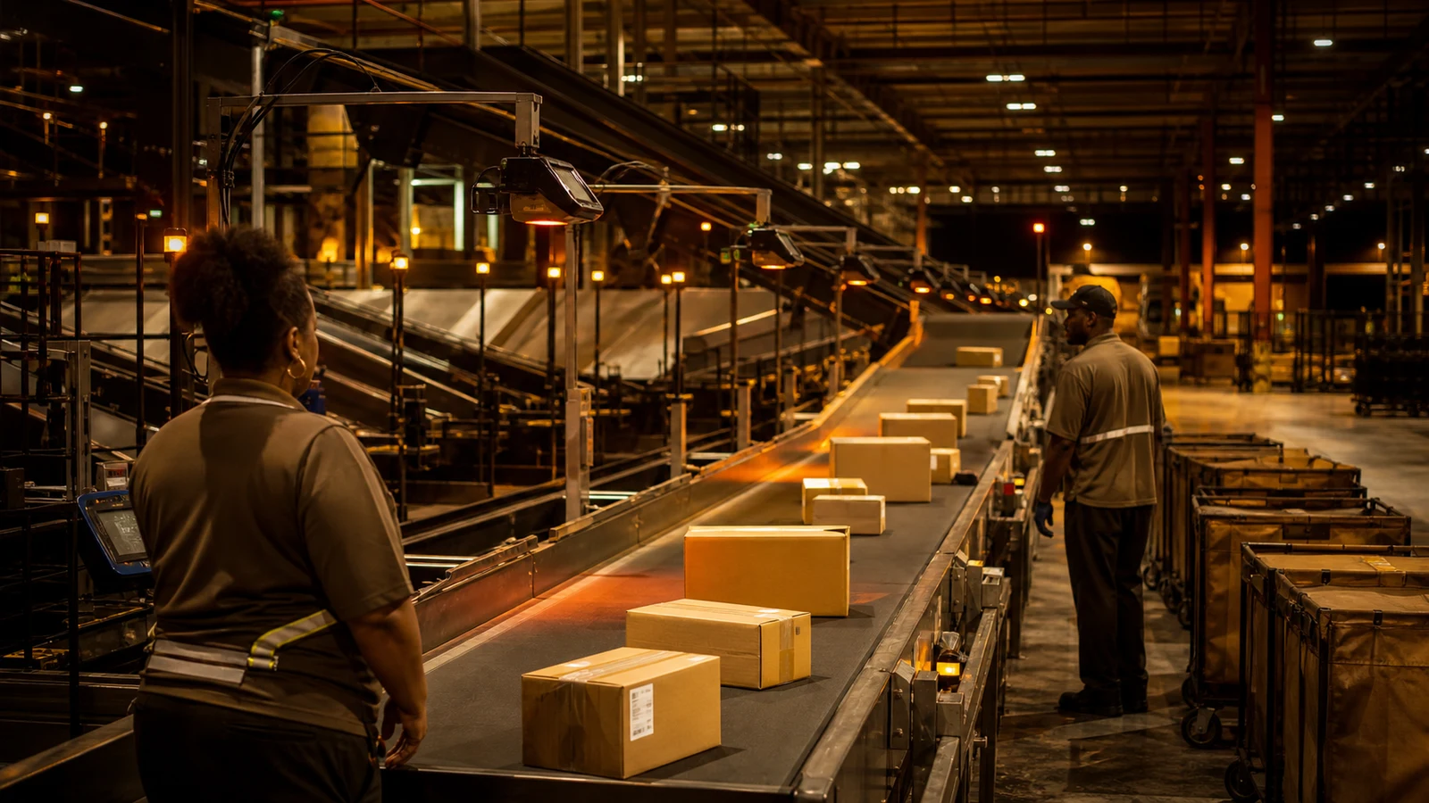 UPS distribution hub showing brown across vehicles, packages, uniforms, and operational trust cues.