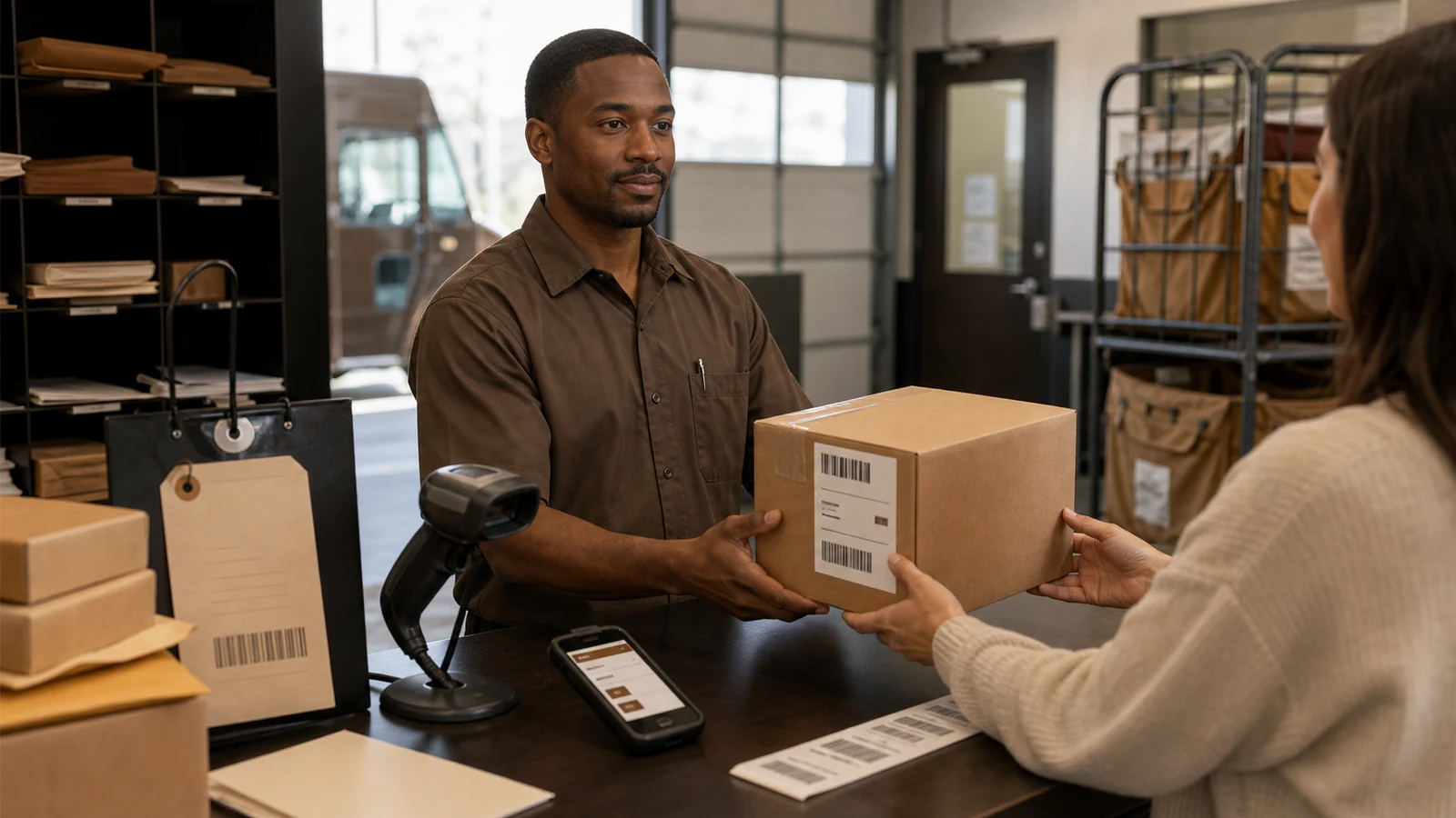 Parcel service counter with scanner, parcels, and handoff proof.