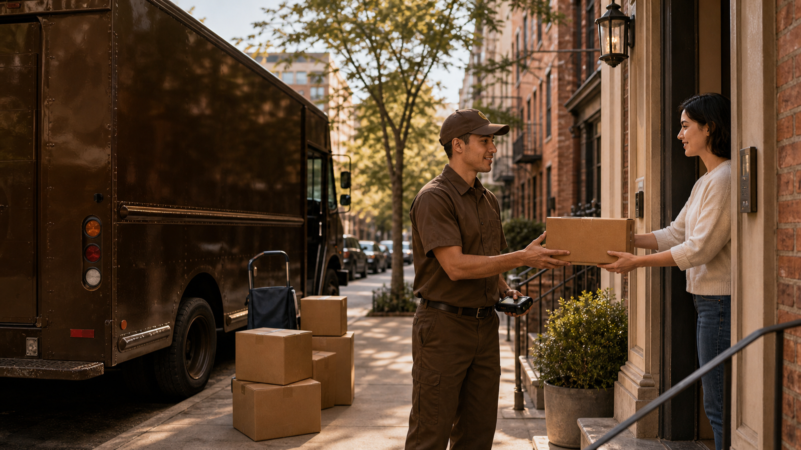 Brown delivery truck and doorstep handoff in an urban street.
