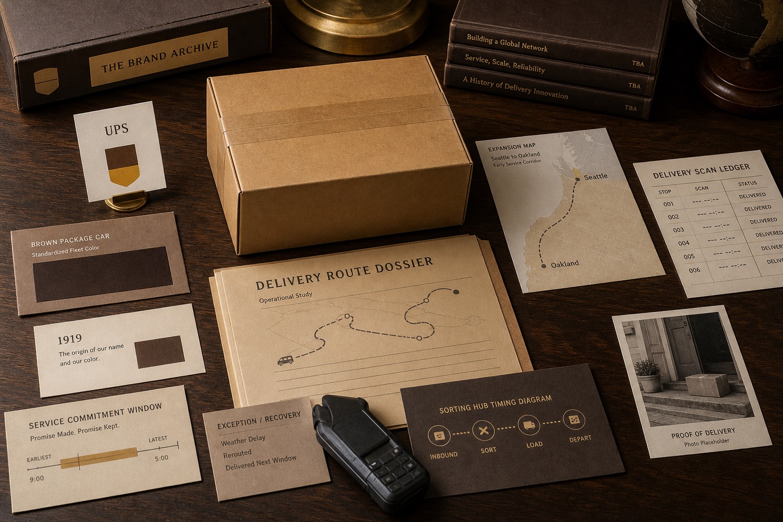 Premium editorial archive still-life of a UPS brown delivery trust system case with a UPS source-mark card, brown parcel, route dossier, scan ledger, service window, recovery note, and proof-of-delivery placeholder