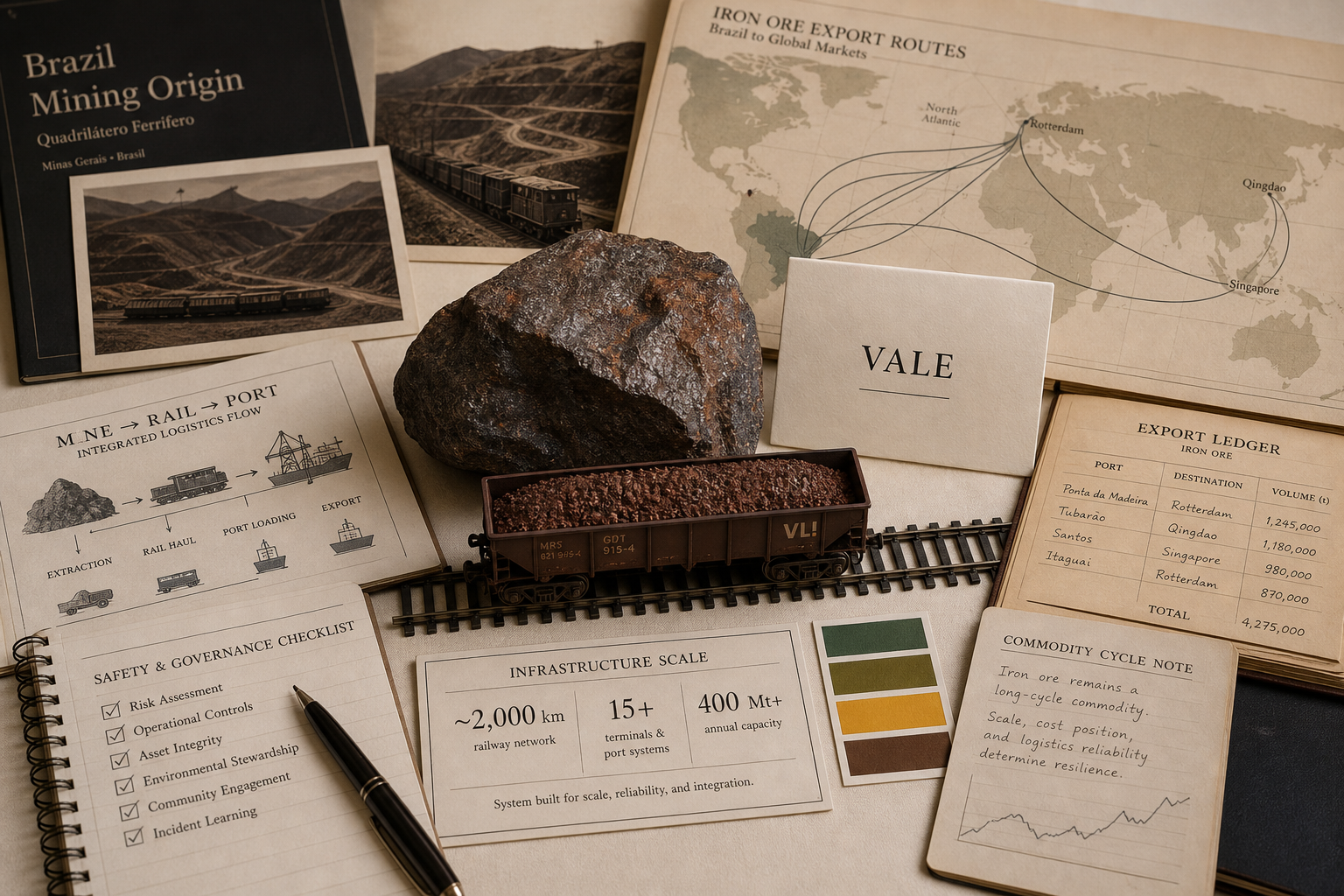 Premium editorial archive still-life of a Vale iron ore logistics case with source-mark card, iron ore sample, rail wagon, port-shipping route map, Brazil mining origin file, export ledger, safety checklist, and infrastructure scale card