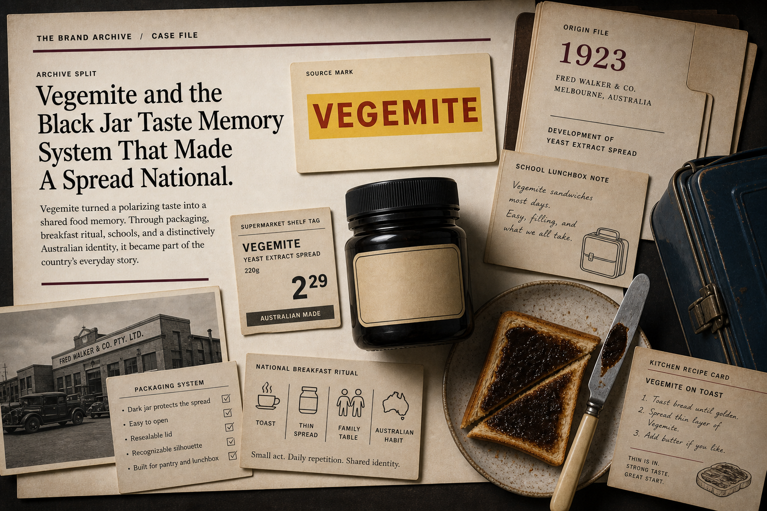 Premium editorial archive still-life of a Vegemite black jar taste memory case with source-mark card, black spread jar with blank label, toast triangle, butter knife, school lunchbox note, supermarket shelf tag, 1923 origin file, and recipe card