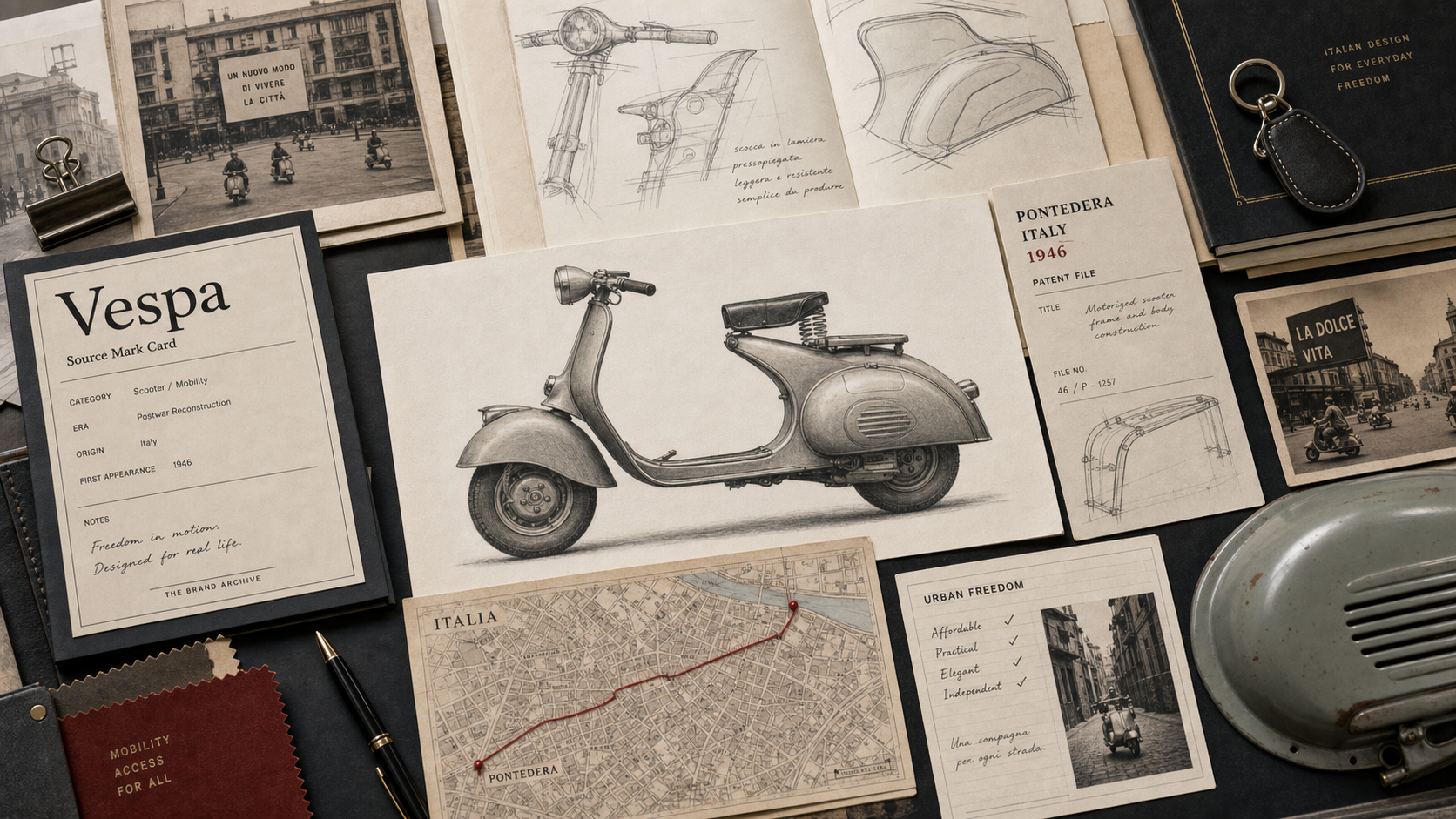 Premium editorial archive still-life of a Vespa postwar scooter case with source-mark card, generic scooter sketch, pressed-steel bodywork notes, Pontedera 1946 file, Italy street map, and urban freedom cards