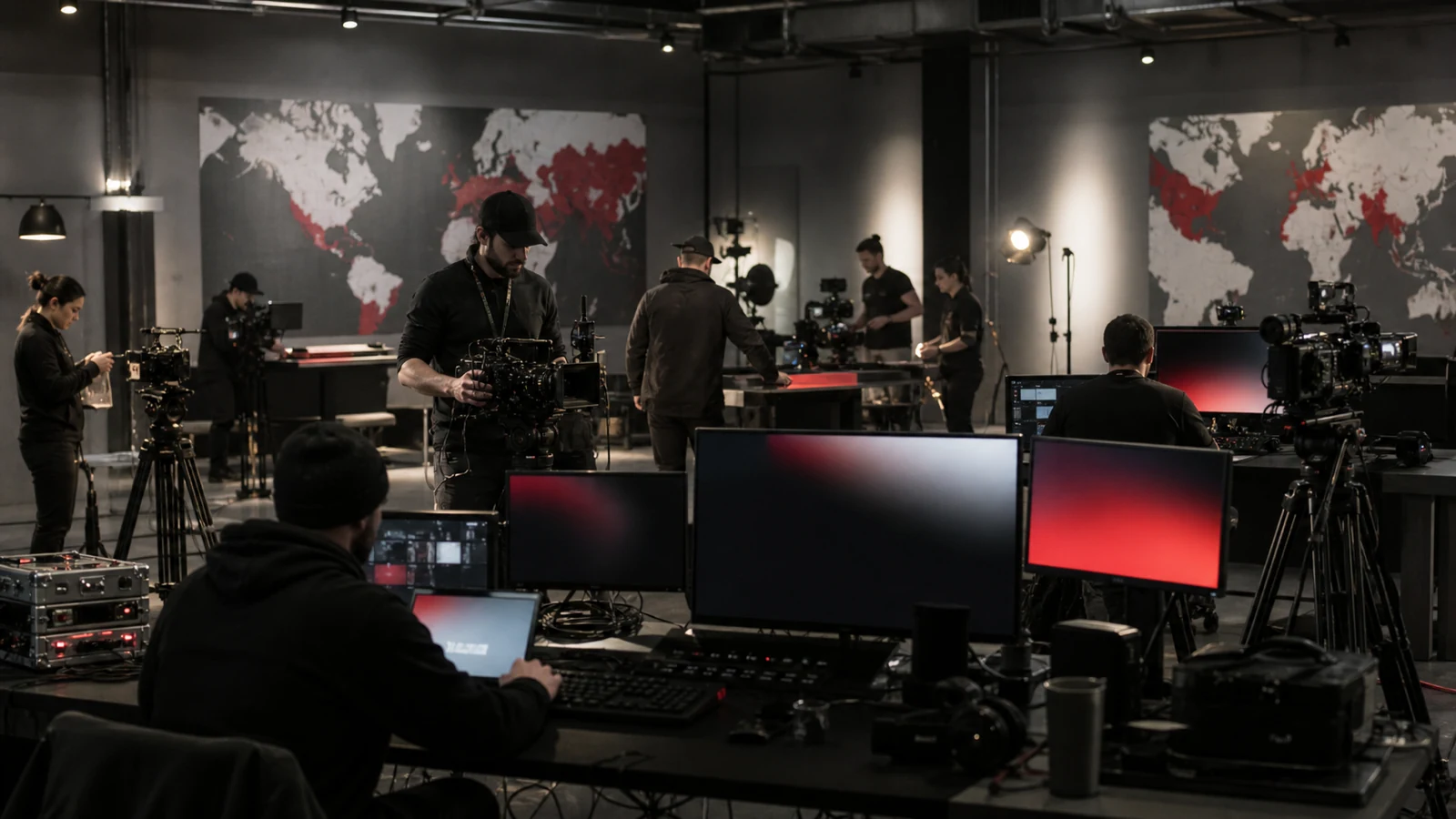 A logo-free documentary production floor with cameras, crews, and abstract monitors.