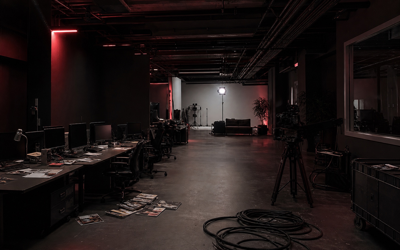 A logo-free black-and-red newsroom and video studio standing empty after a shutdown.