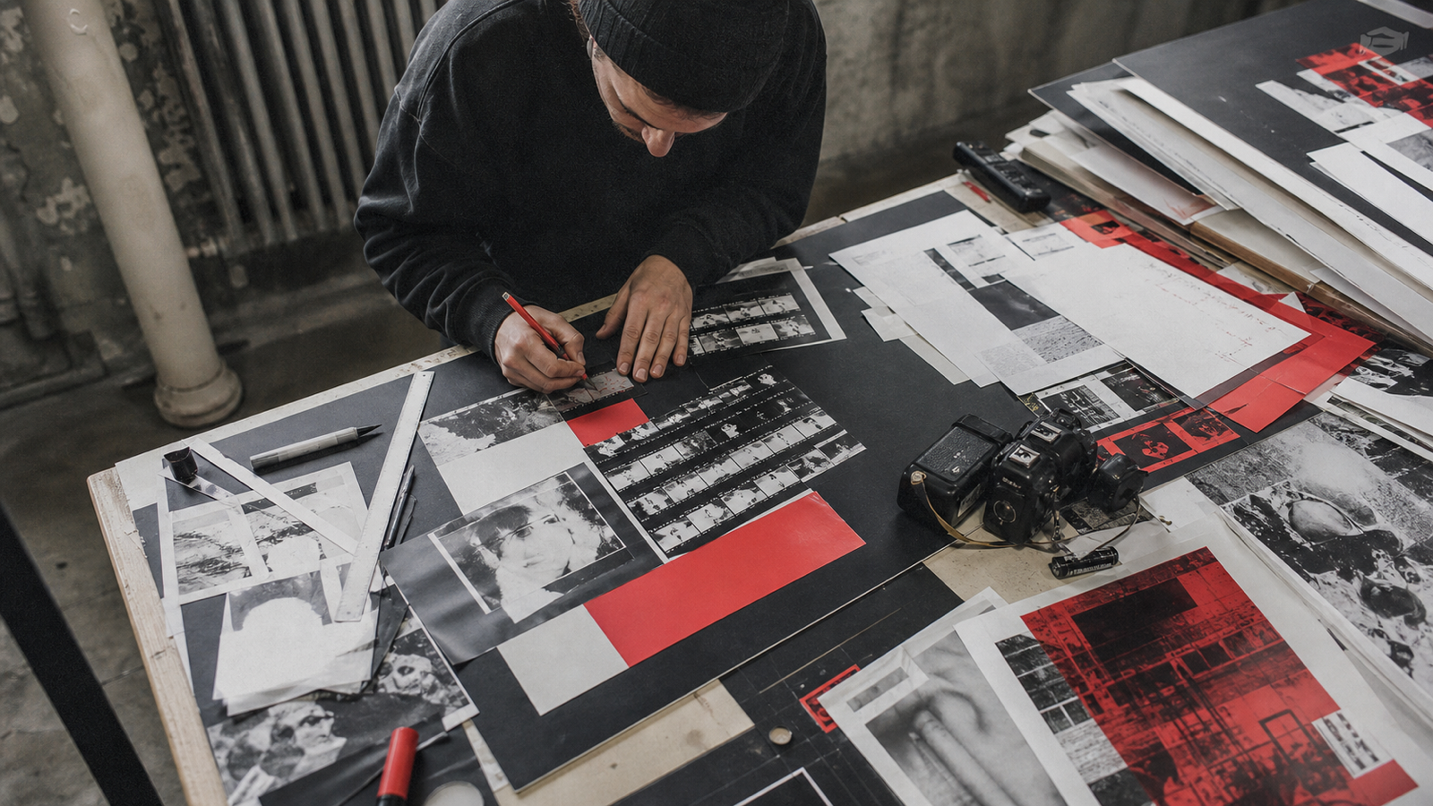 A logo-free 1990s alternative-magazine production desk with contact sheets and paste-up materials.