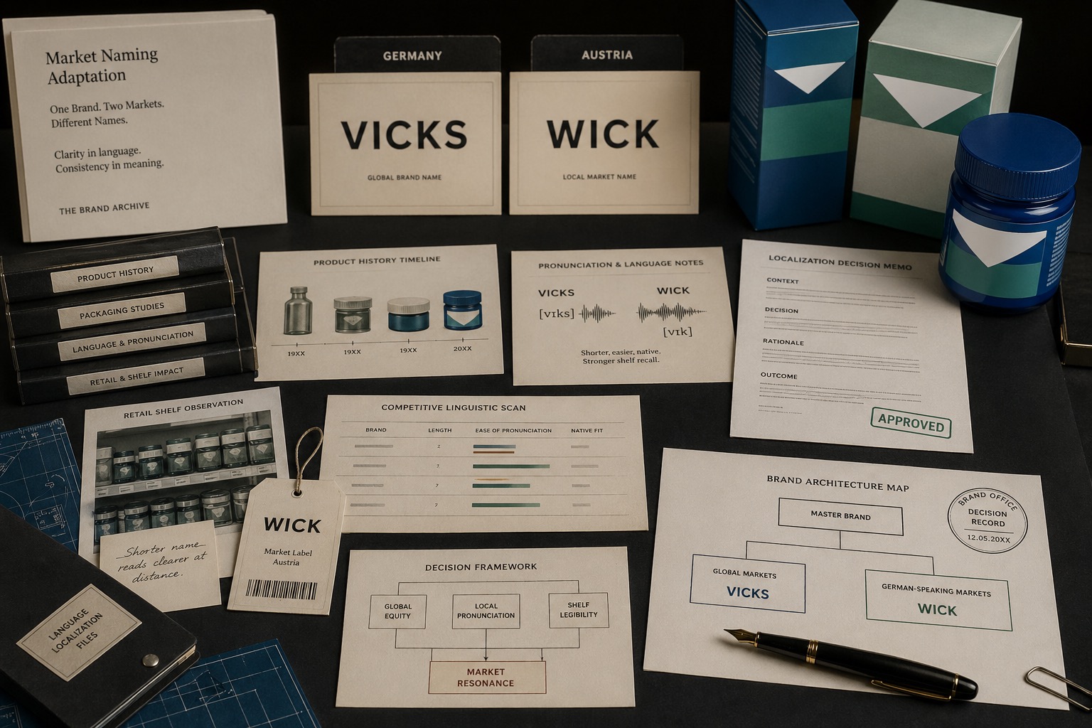 Premium editorial archive still-life of a healthcare naming adaptation board with Vicks and WICK market cards, pharmacy packaging studies, pronunciation notes, and localization memos