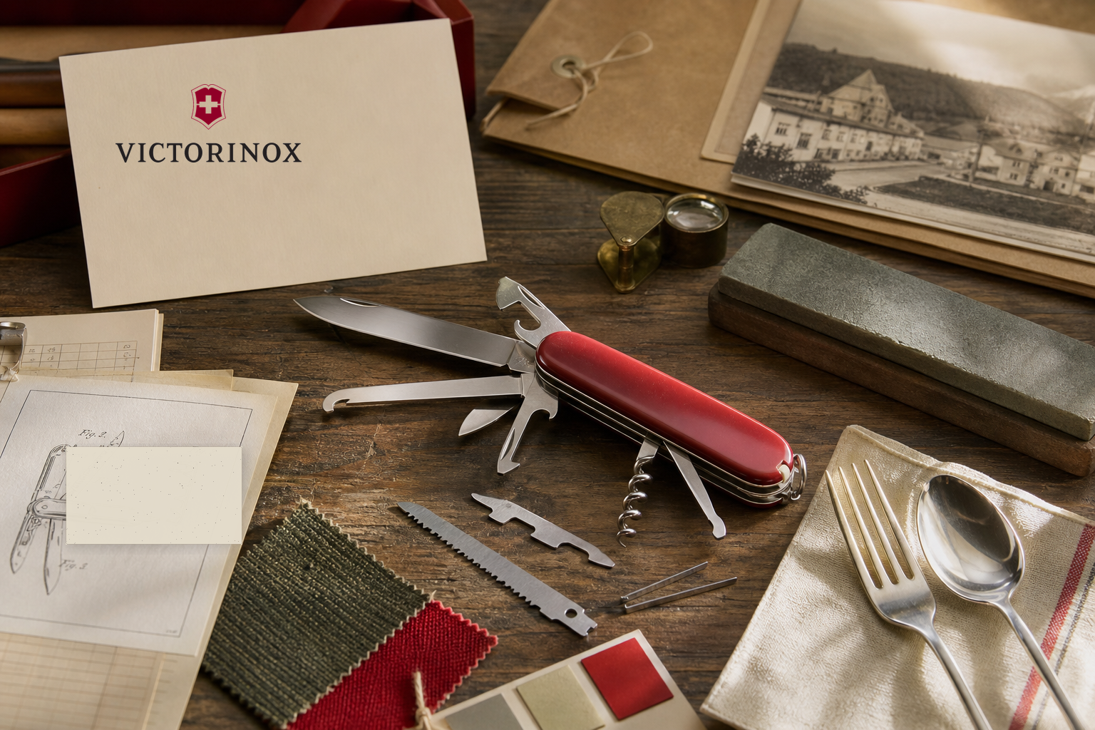 Premium editorial archive still-life of a Victorinox Swiss Army Knife case with Victorinox source-mark card, generic red folding multi-tool, loose tool parts, cutlery, sharpening stone, repair card, Ibach origin folder, workshop photo, fabric swatches, and quality notes