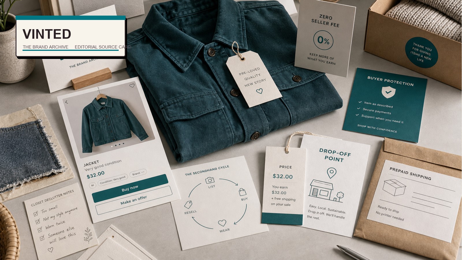 Premium editorial archive still-life of a Vinted secondhand marketplace cost case with Vinted source-mark card, folded pre-loved jacket, listing card, price tag, prepaid shipping label without barcode, drop-off point card, buyer protection card, closet notes, parcel mailer, circular wardrobe map, and zero seller fee card