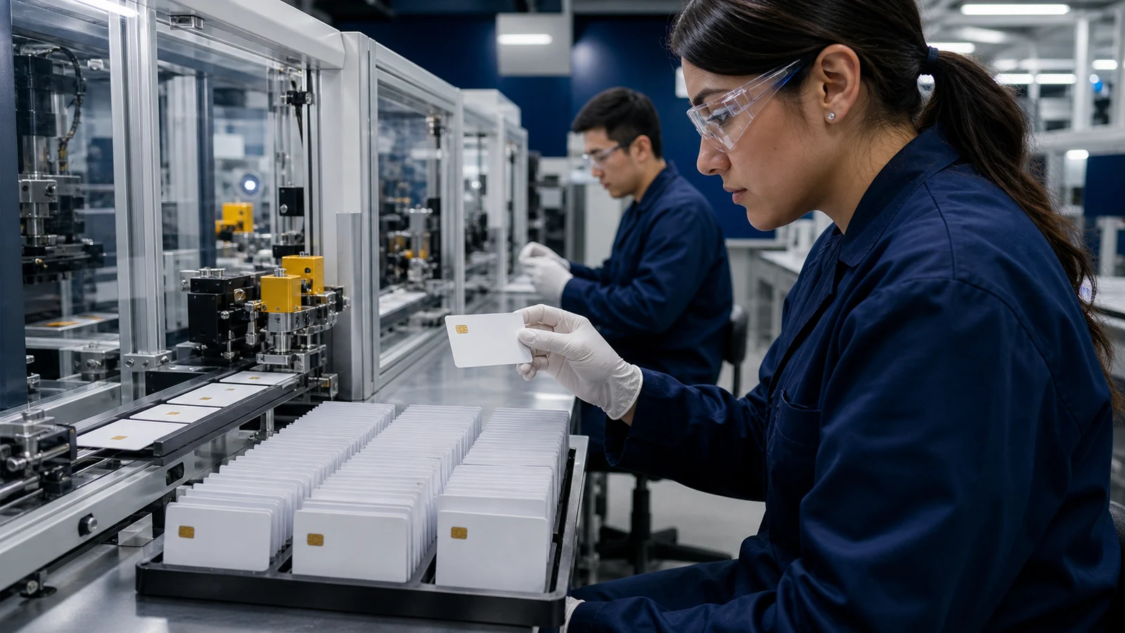 Technicians inspecting plain unbranded chip cards in a secure manufacturing facility.