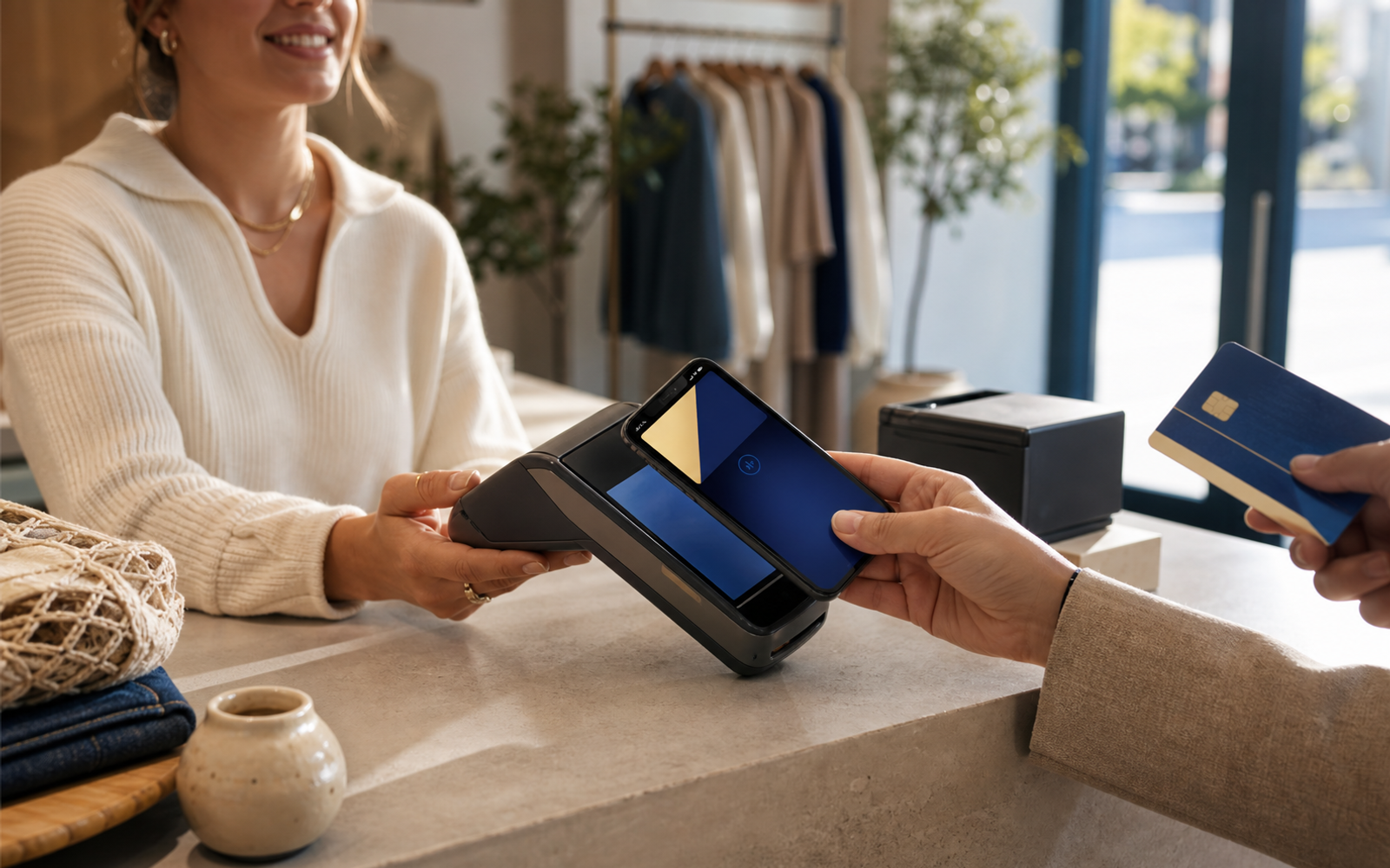 Retail checkout with contactless payment terminal and blue-gold payment acceptance cues.