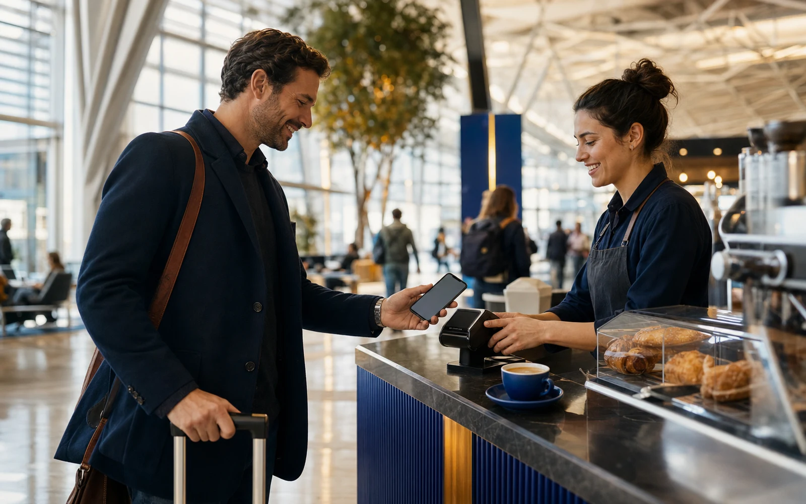 International traveler completing a contactless phone payment at an airport café.