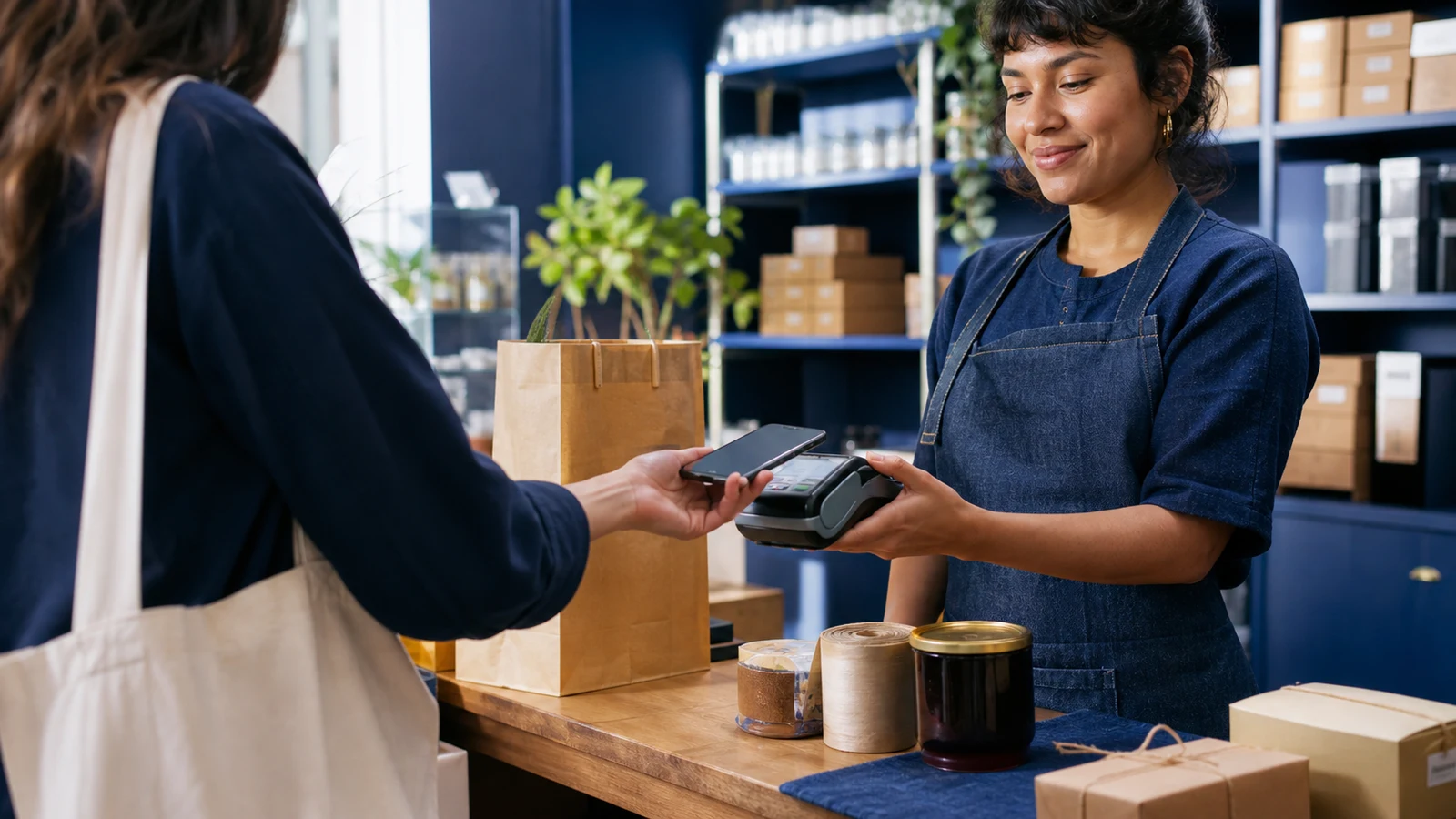 Independent retailer accepting a contactless phone payment on a handheld terminal.