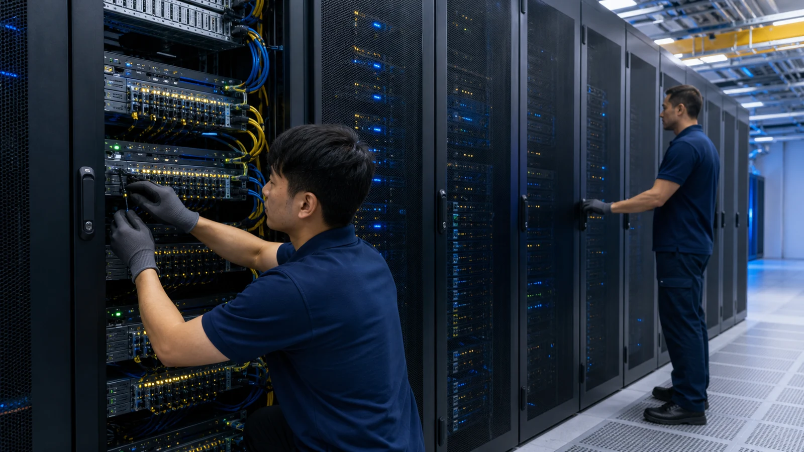 Technicians maintaining secure network infrastructure in a modern data hall.