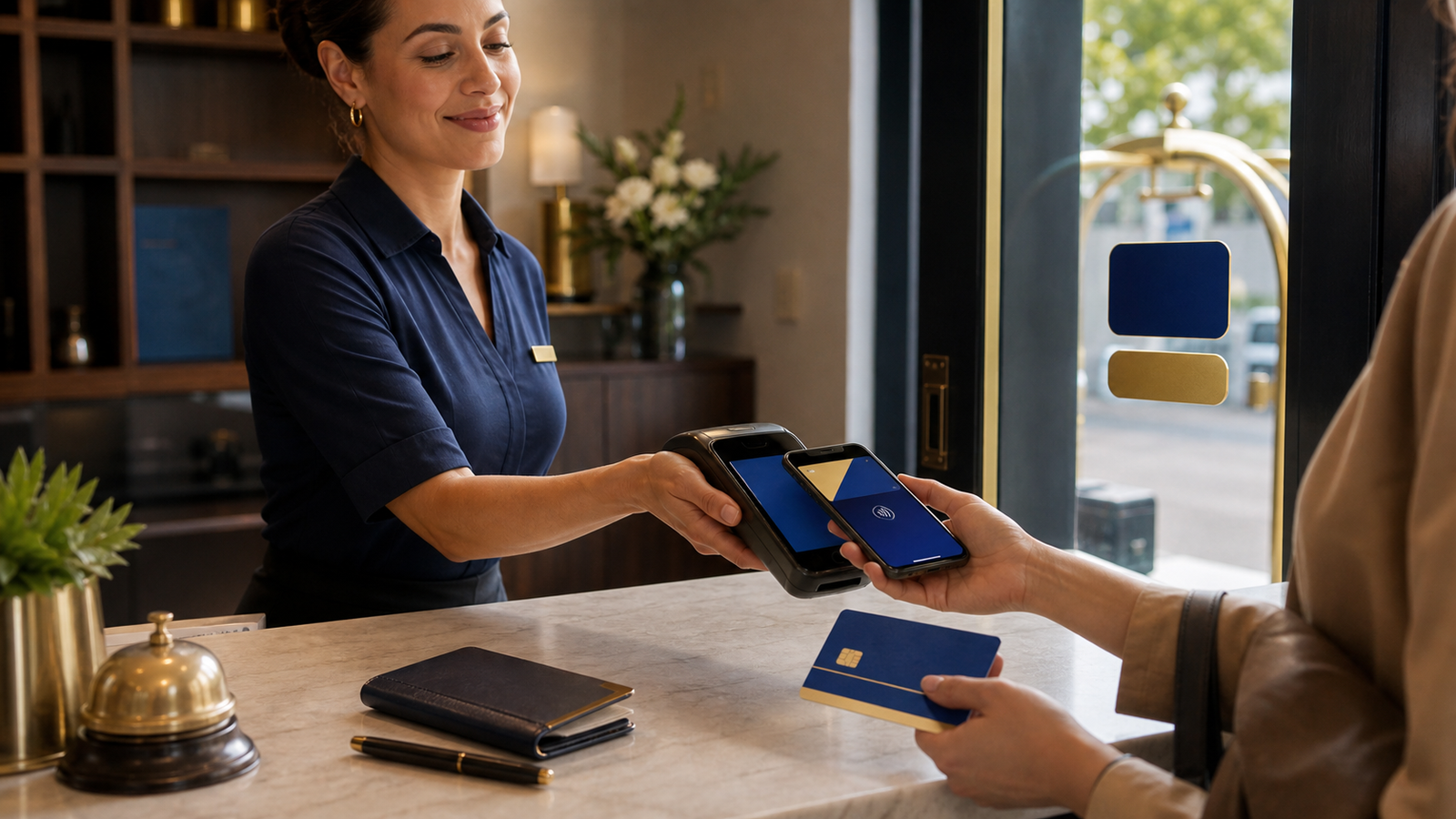 Merchant counter with terminal, phone wallet, card, and abstract acceptance cue.