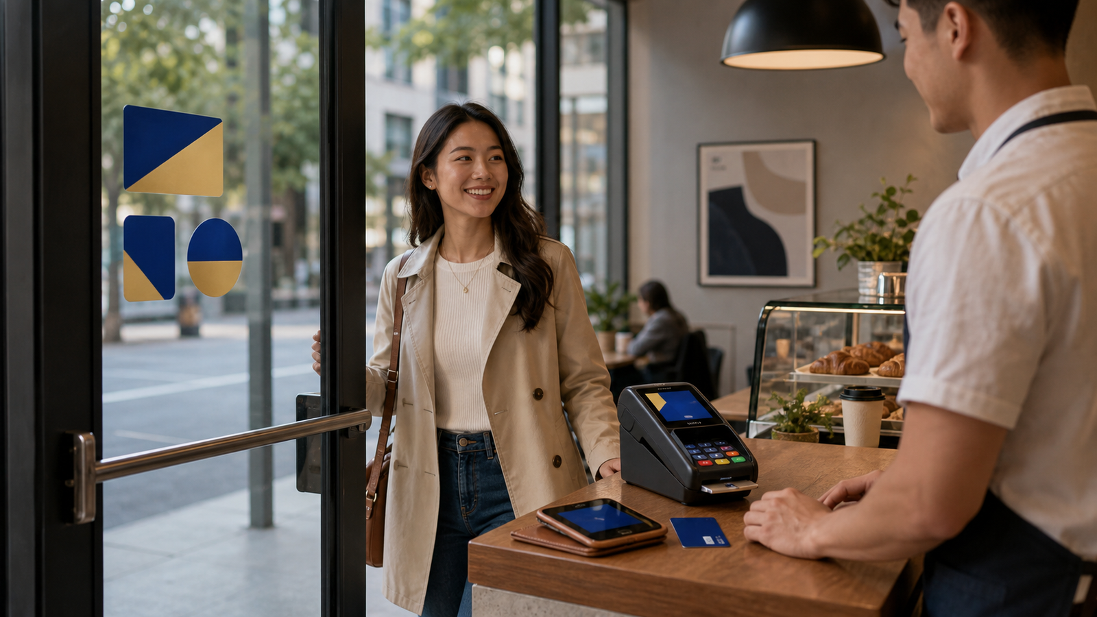 Storefront and checkout with abstract blue-gold payment acceptance decals.