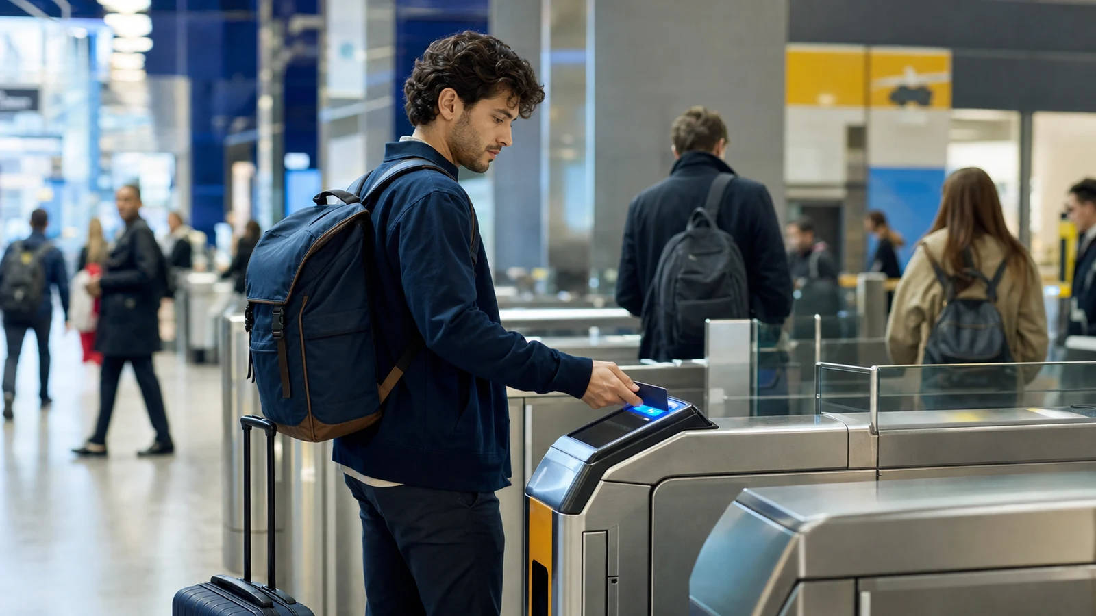 International traveler tapping an unbranded payment card at a modern metro gate.