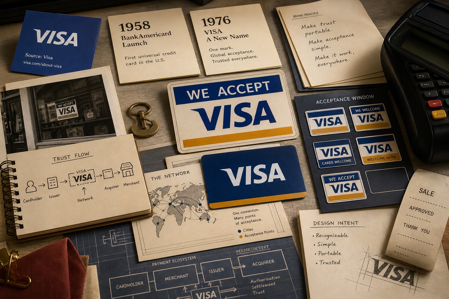 Premium editorial archive still-life of a Visa payment acceptance trust case with blue source-mark card, generic payment card, acceptance placard, receipt strip, terminal silhouette, 1958 card, 1976 naming card, and network diagram