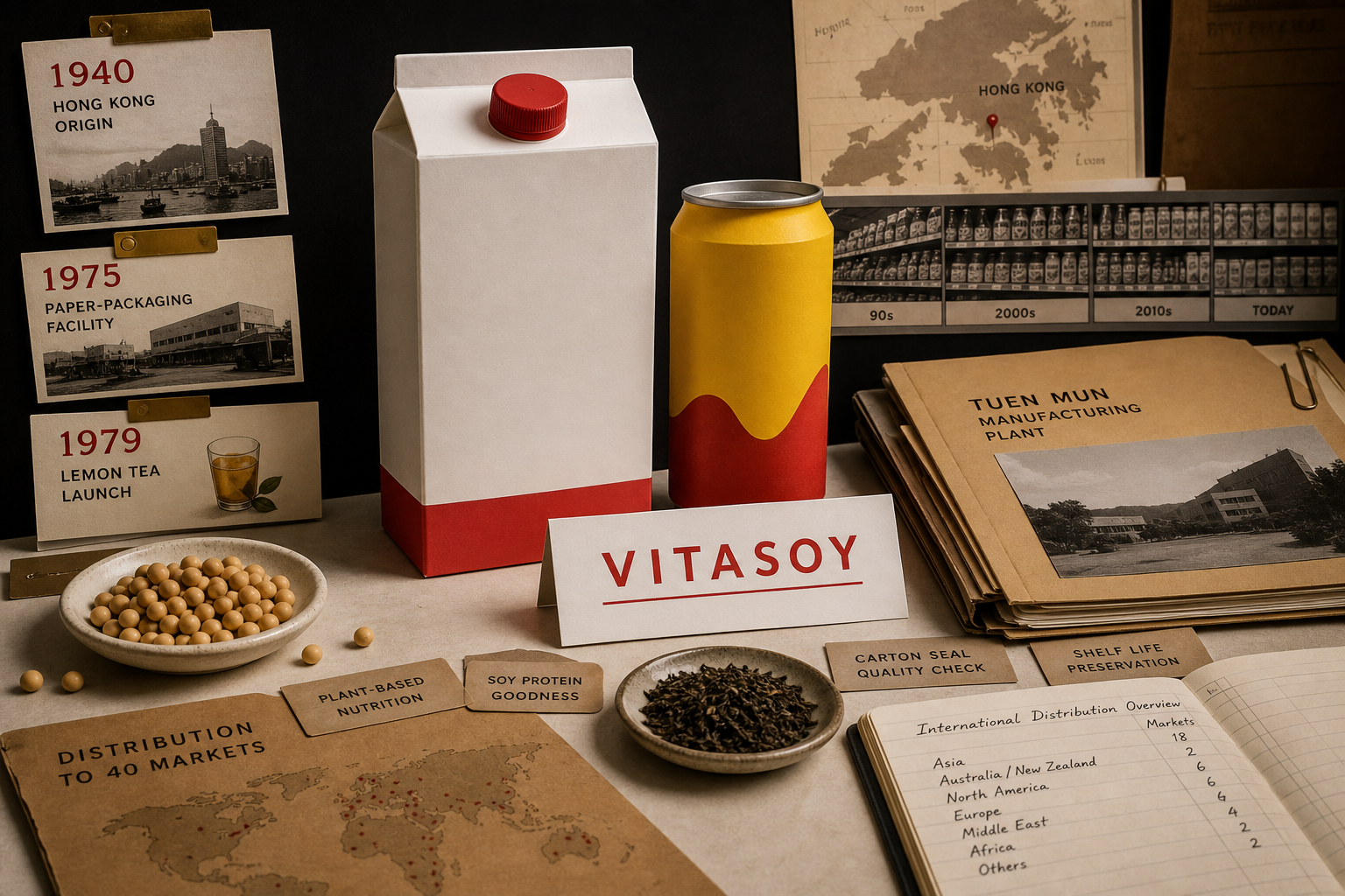 Premium AI-generated archive-table still-life for the Vitasoy case with Hong Kong origin cards, soy milk carton, lemon tea can, Vitasoy source-card, soybeans, tea leaves, shelf-history strip, Tuen Mun manufacturing folder, packaging quality tabs, and distribution ledger