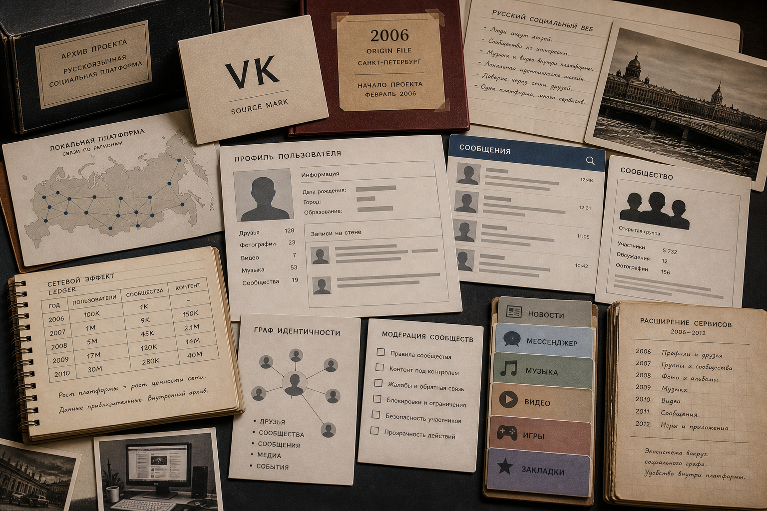 Premium editorial archive still-life of a VK social platform case with source-mark card, profile cards, community cards, message strips, service tabs, 2006 origin file, local platform map, and network effect ledger