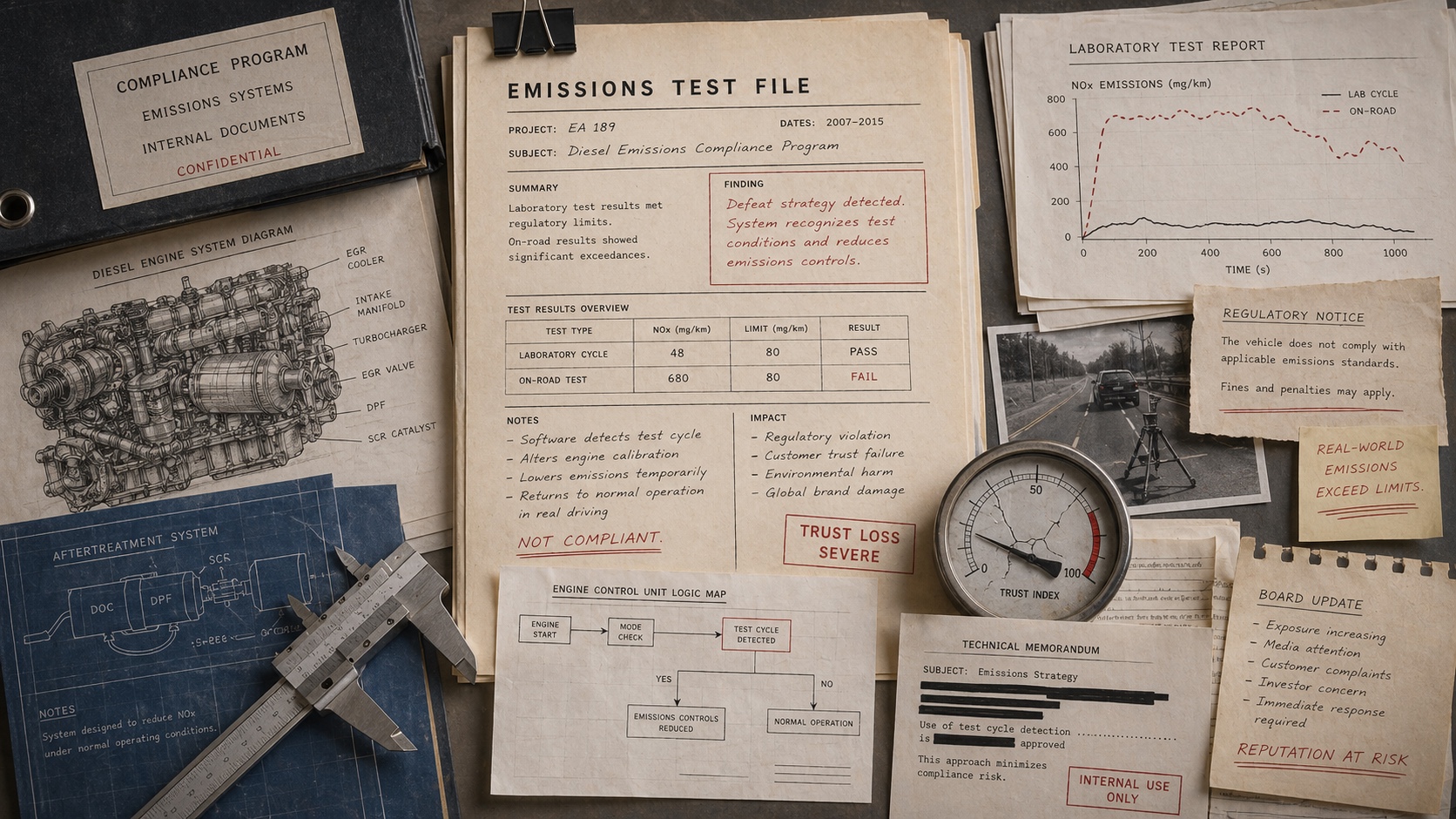 Premium editorial archive still-life of emissions test sheets, diesel engine diagram, compliance binder, and broken trust gauge