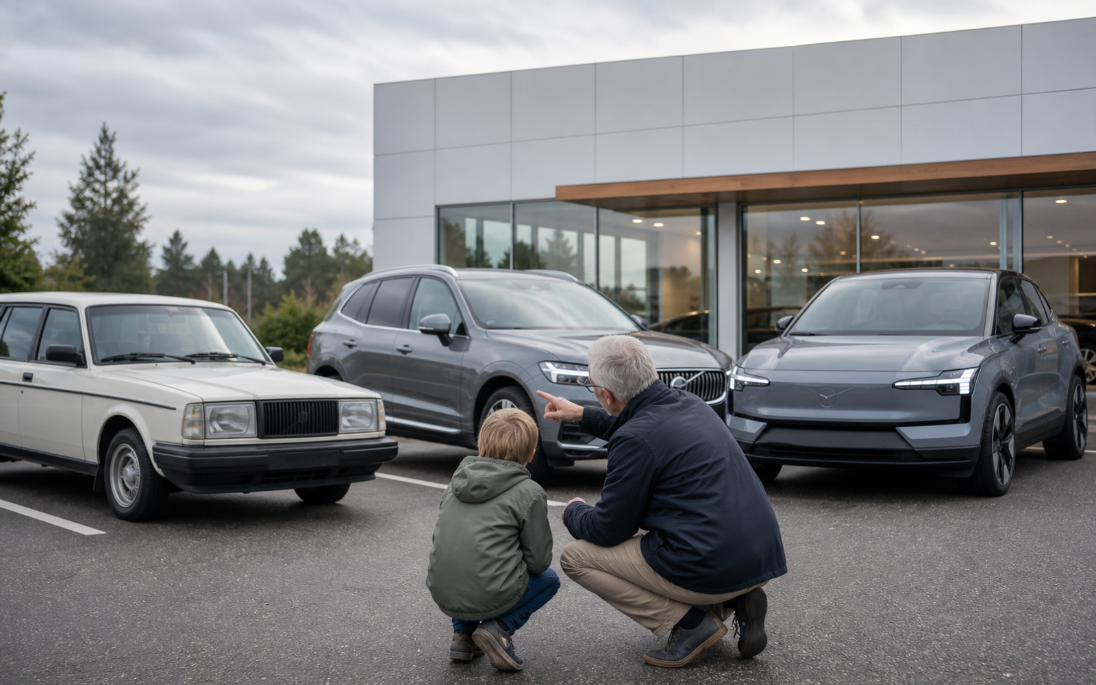 Grandfather explaining Volvo model lineage and safety memory to a child in a Volvo dealer lot with older wagon, family SUV, and newer electric SUV cues.