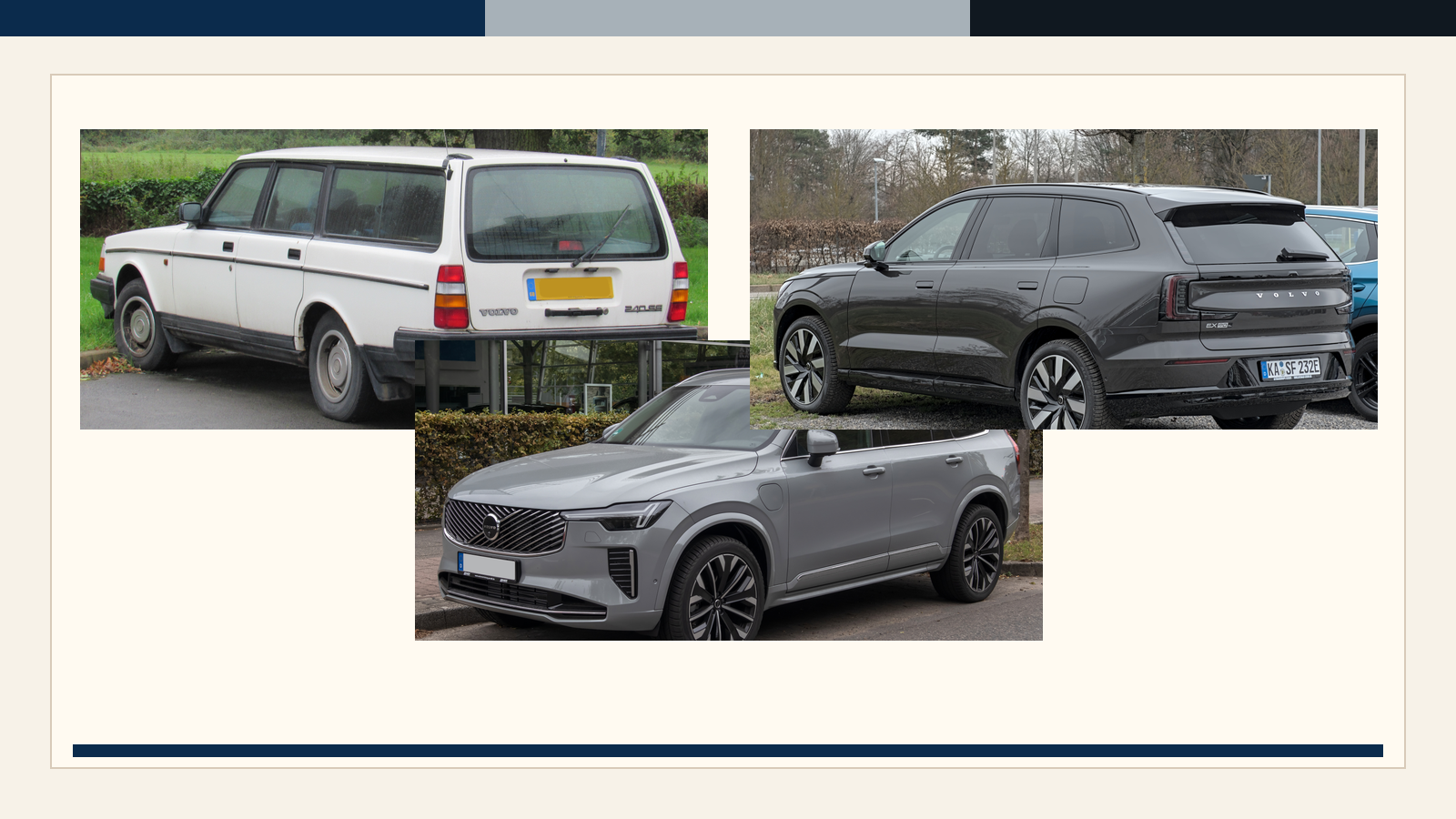 Volvo 240 wagon, XC90, and EX90 vehicle-lineage recognition visual.