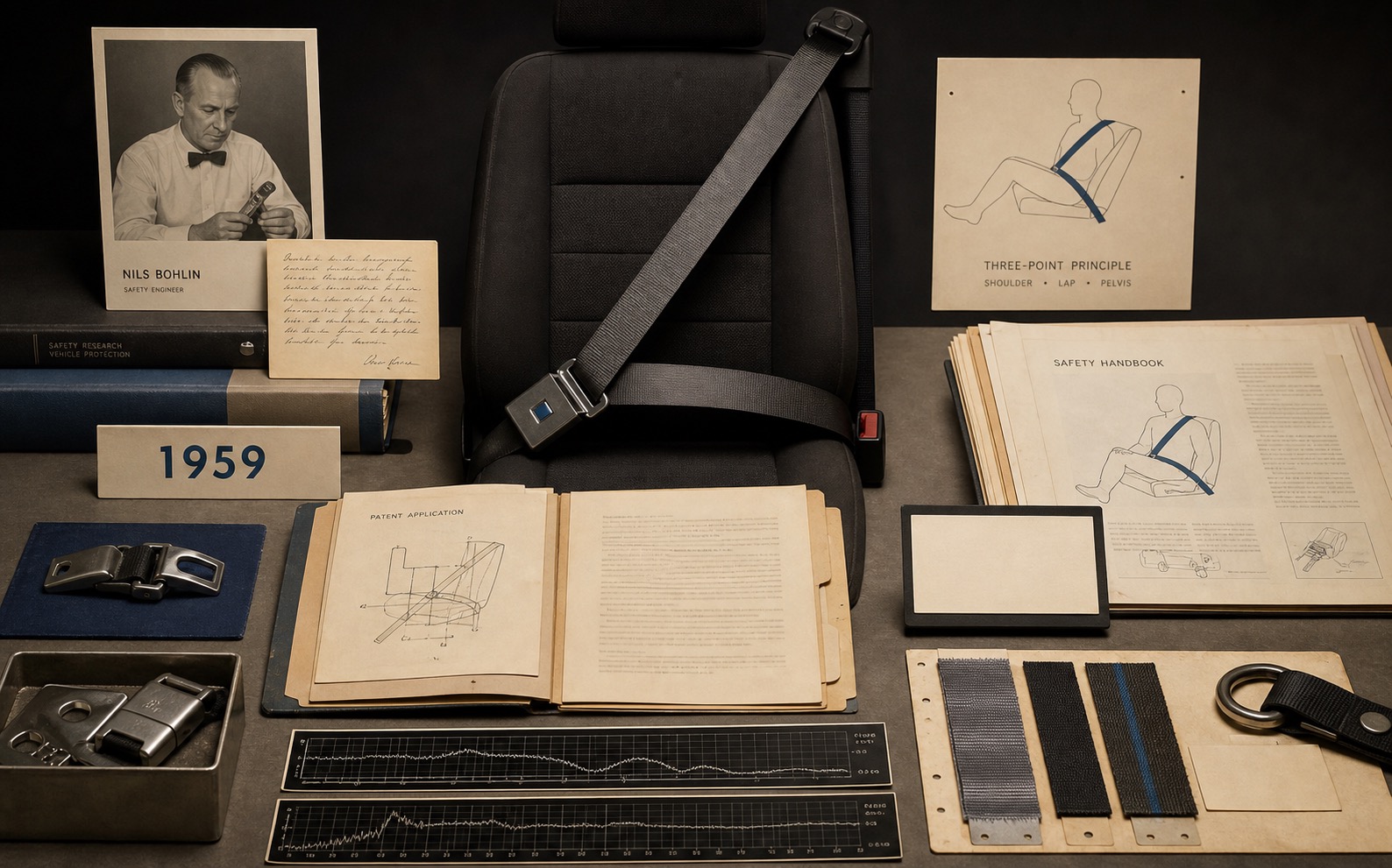Premium editorial archive still-life of a Volvo three-point safety belt trust case with car seat, belt crossing shoulder and lap, 1959 card, engineer note, patent folder, crash-test strips, buckle detail, and webbing samples