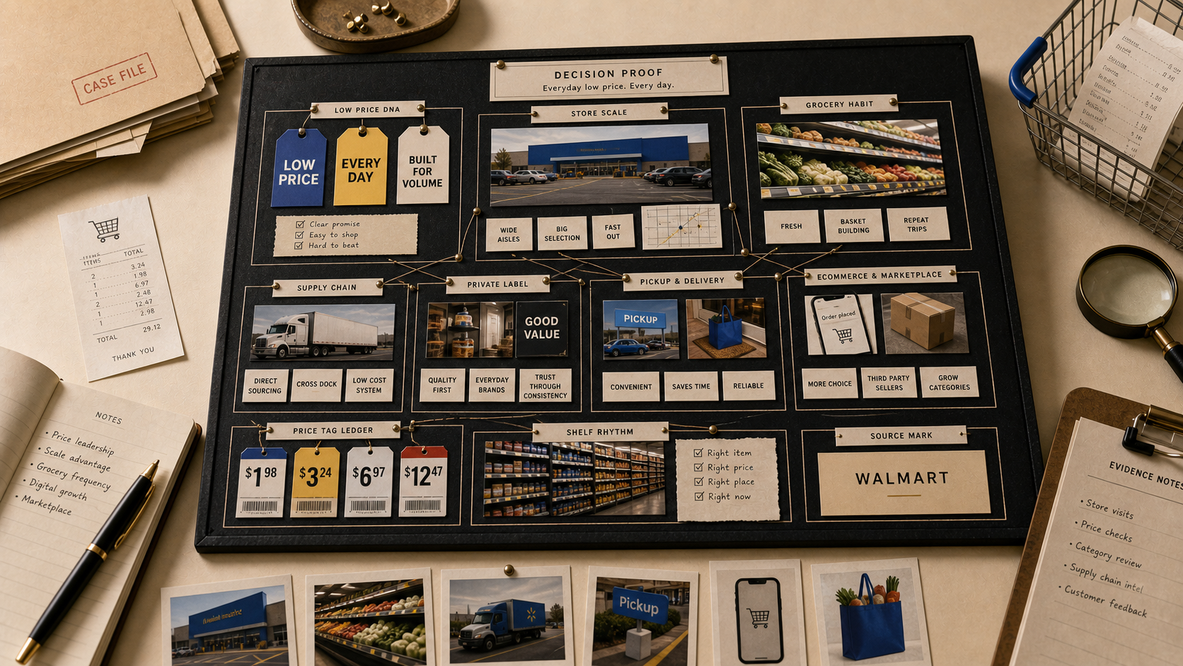 Premium editorial archive still-life of a Walmart brand system case with Walmart source-mark card, price tags, grocery shelf, store scale card, supply-chain route, pickup and delivery notes, marketplace card, and receipt fragment