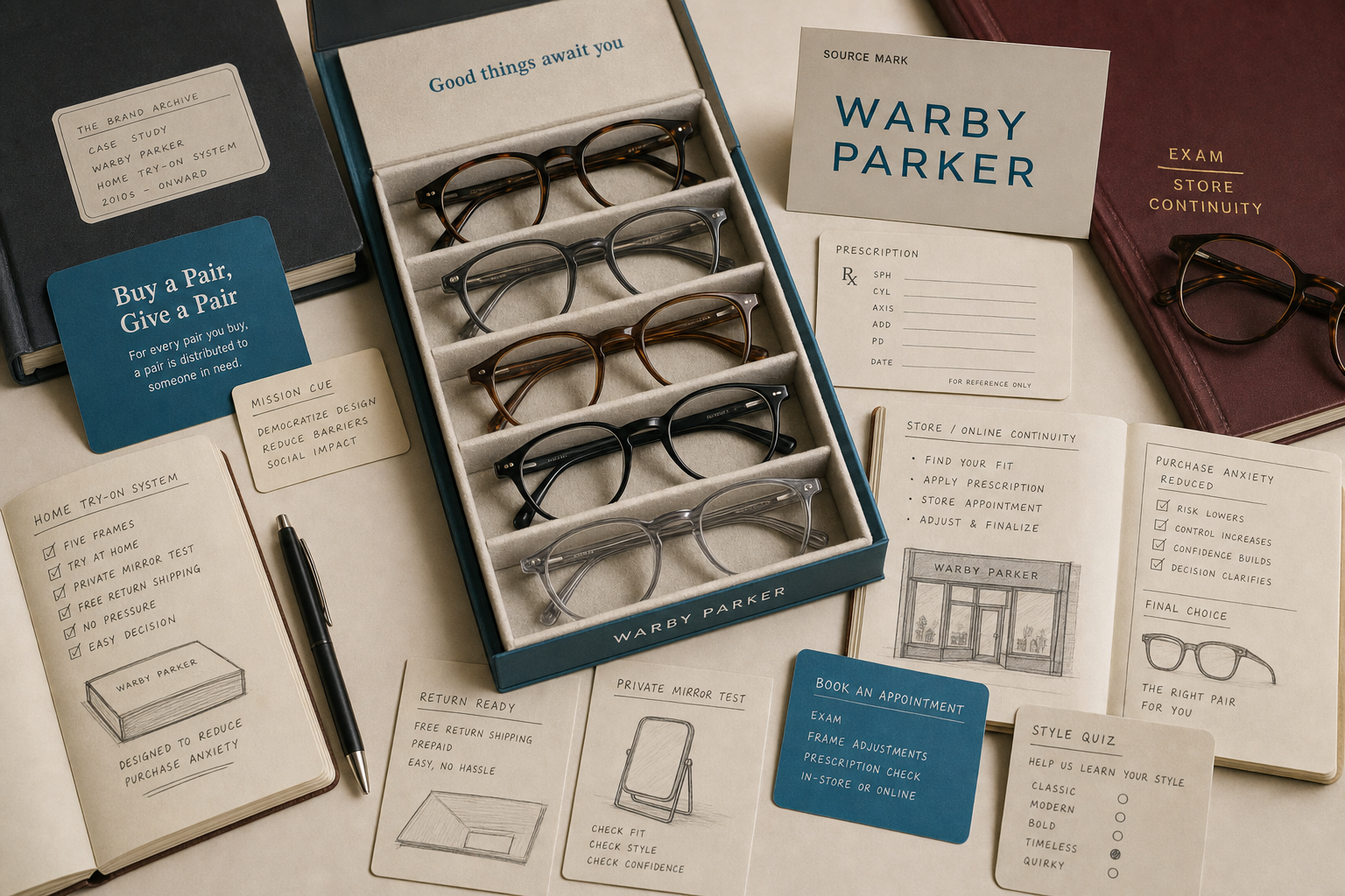 Premium editorial archive still-life of a Warby Parker home try-on eyewear case with Warby Parker source-mark card, five-frame tray, home try-on box, prescription card, mirror note, store appointment card, give-a-pair card, and eyewear retail pricing notes