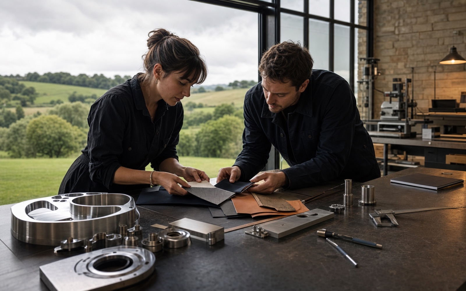 A West Sussex precision-craft atelier connecting material inspection, advanced manufacturing, and the surrounding landscape.